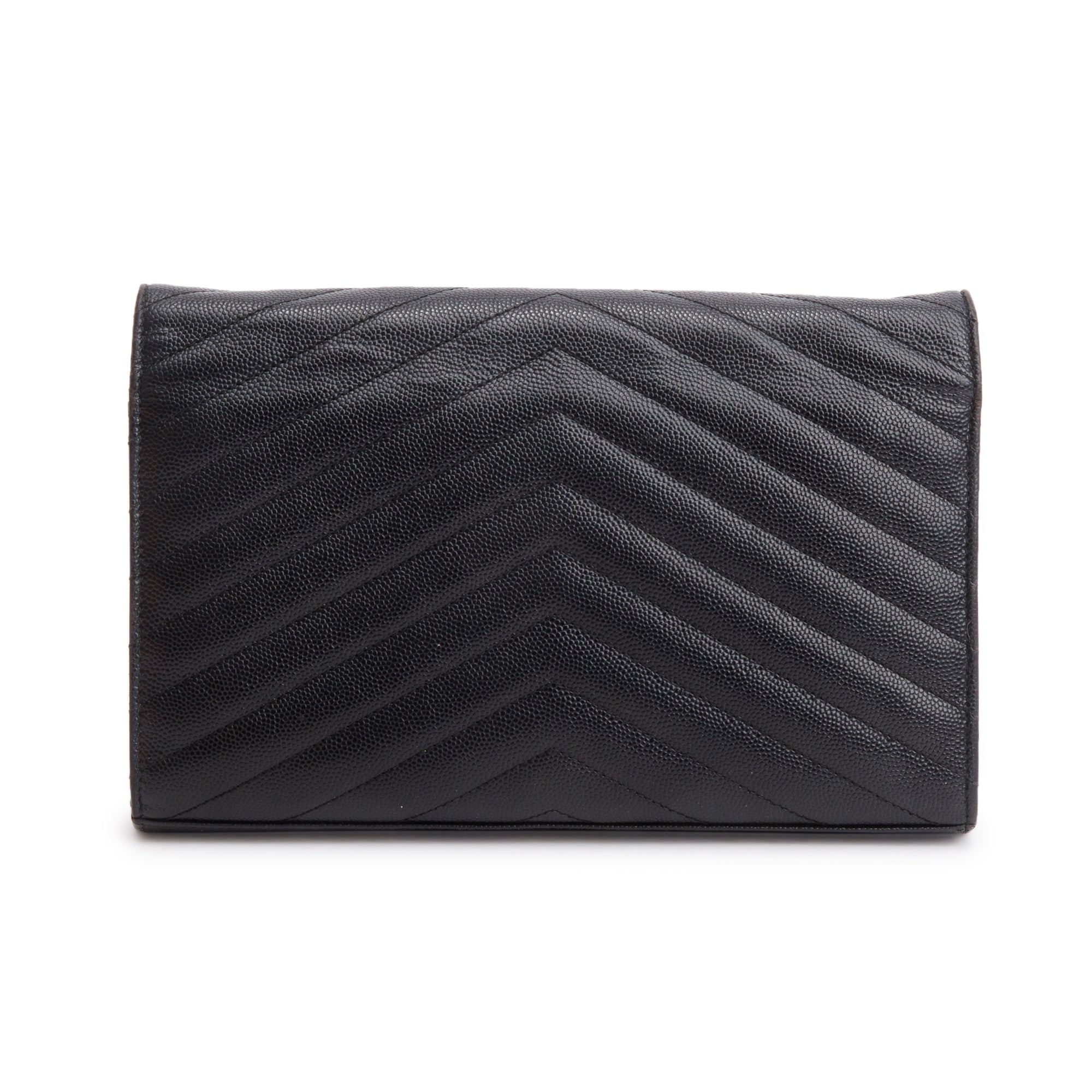 Saint Laurent Black Grain De Poudre Cassandre Envelope Chain Wallet w/ Box