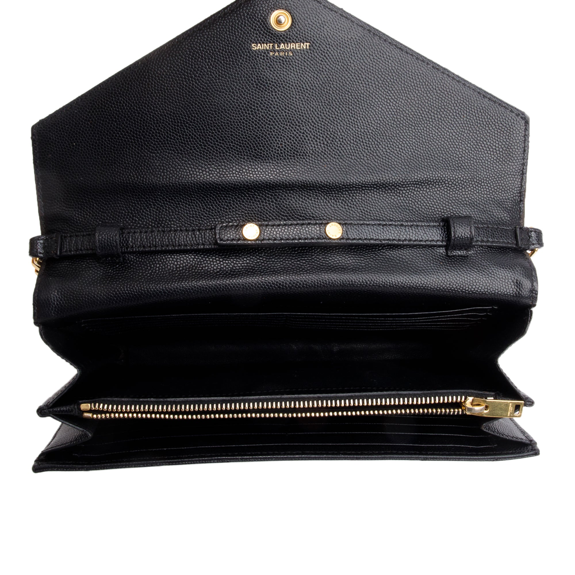 Saint Laurent Black Grain De Poudre Cassandre Envelope Chain Wallet w/ Box