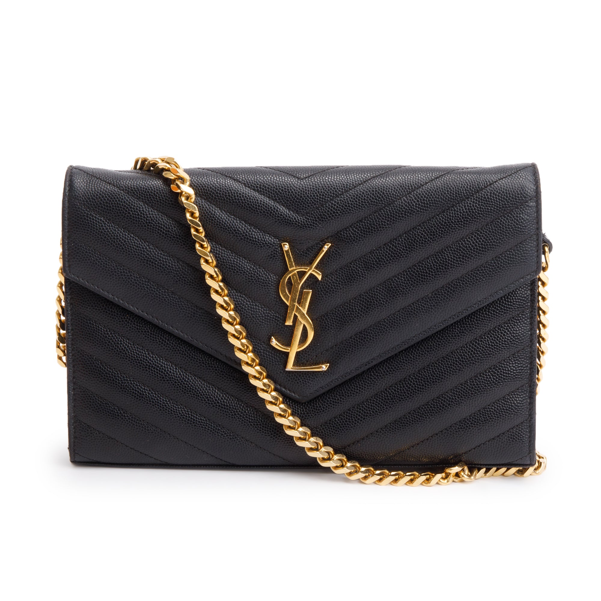 Saint Laurent Black Grain De Poudre Cassandre Envelope Chain Wallet w/ Box