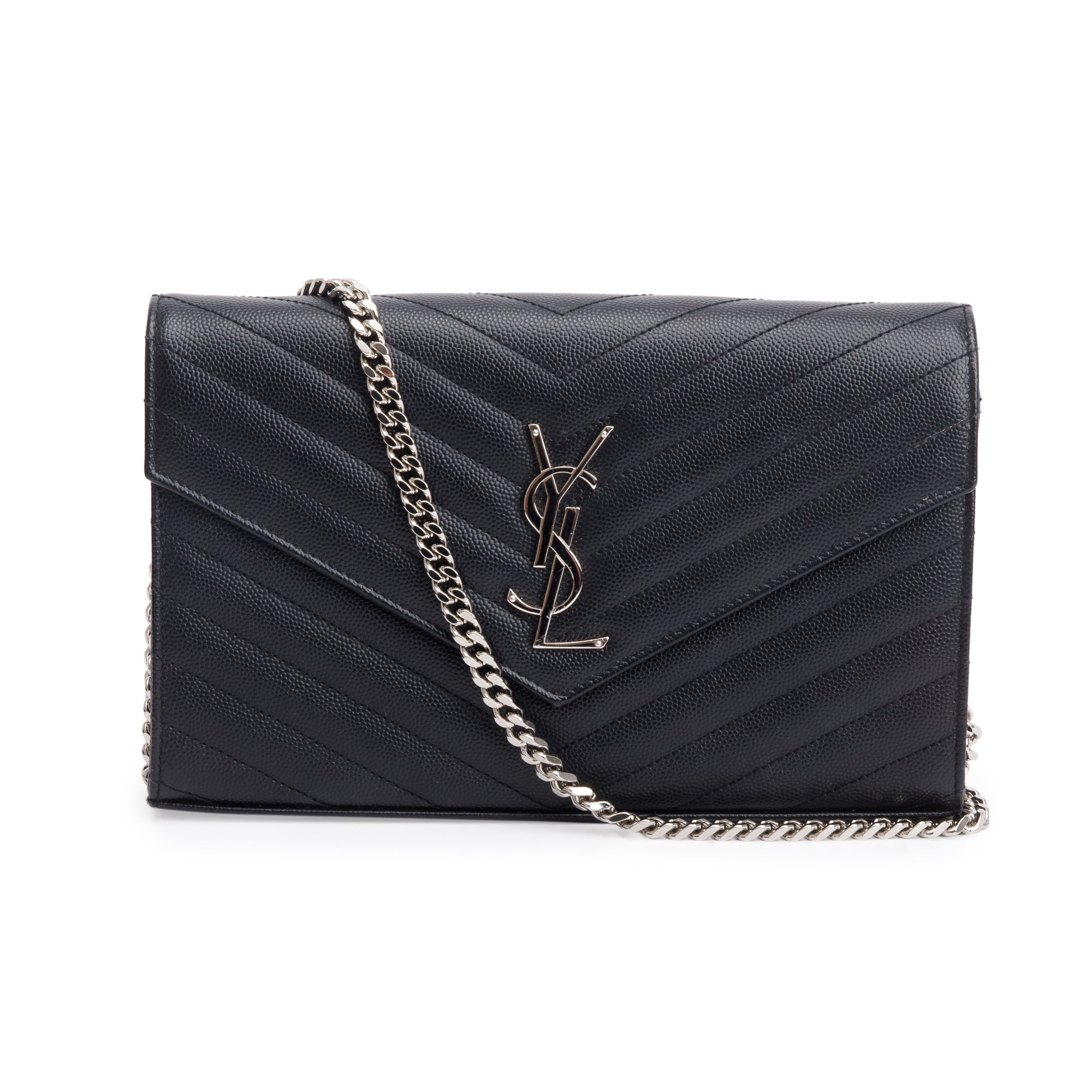 Saint Laurent Black Grain De Poudre Cassandre Envelope Chain Wallet