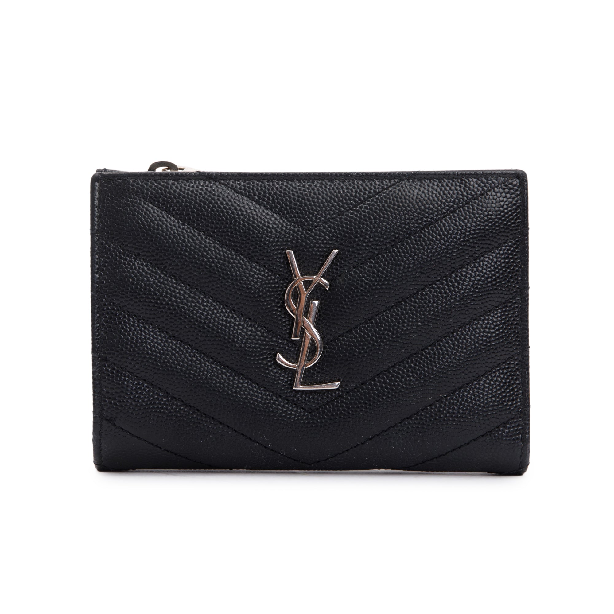 Saint Laurent Black Grain De Poudre Cassandre Matelasse Fragments Zipped Bi-Fold Wallet