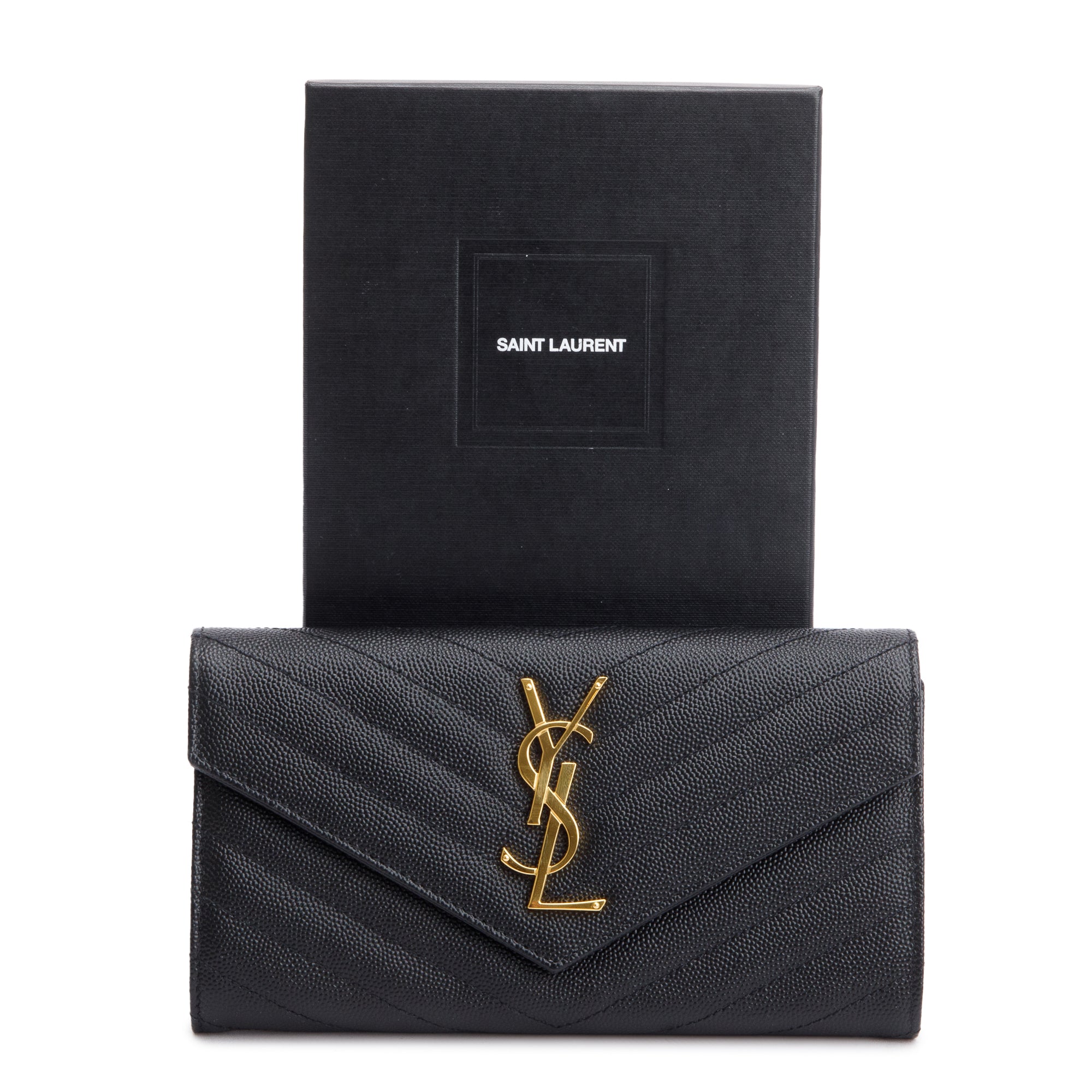 Saint Laurent Black Grain De Poudre Cassandre Matelasse Large Flap Wallet w/ Box