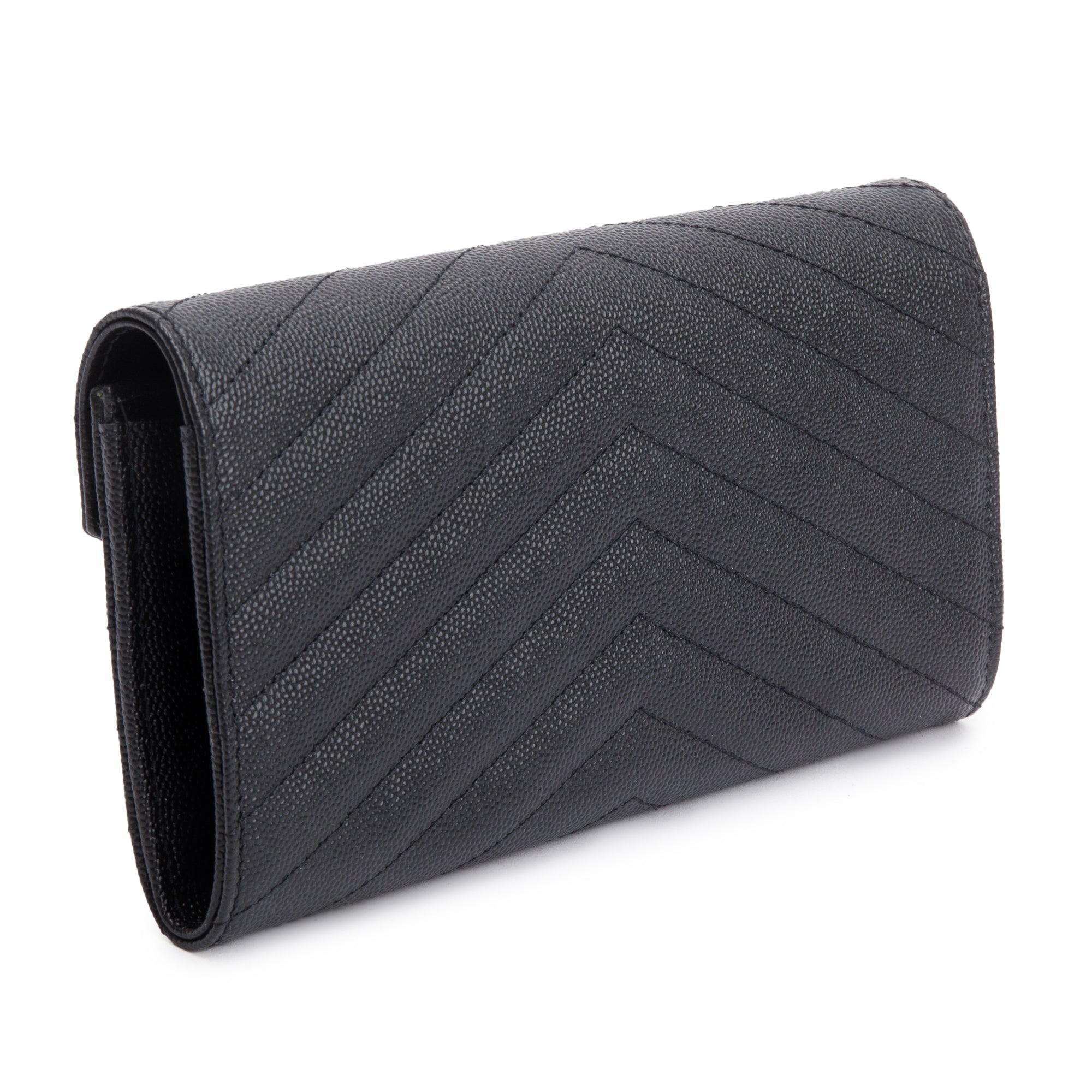 Saint Laurent Black Grain De Poudre Cassandre Matelasse Large Flap Wallet w/ Box