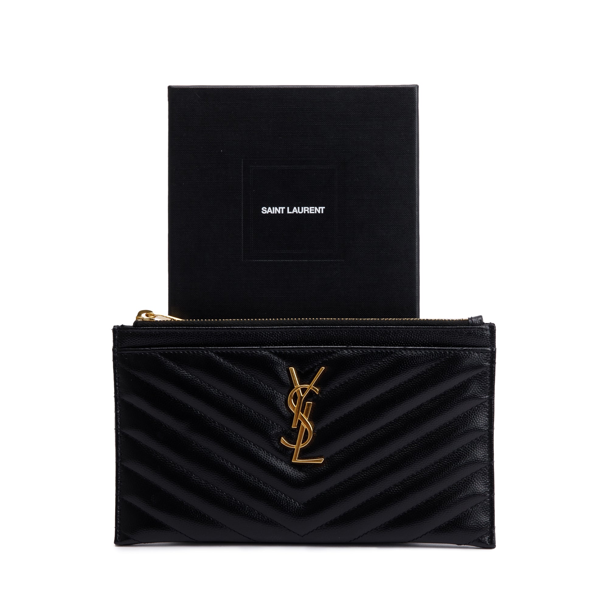 Saint Laurent Black Grain De Poudre Embossed Leather Cassandre Matelasse Zipped Pouch w/ Box