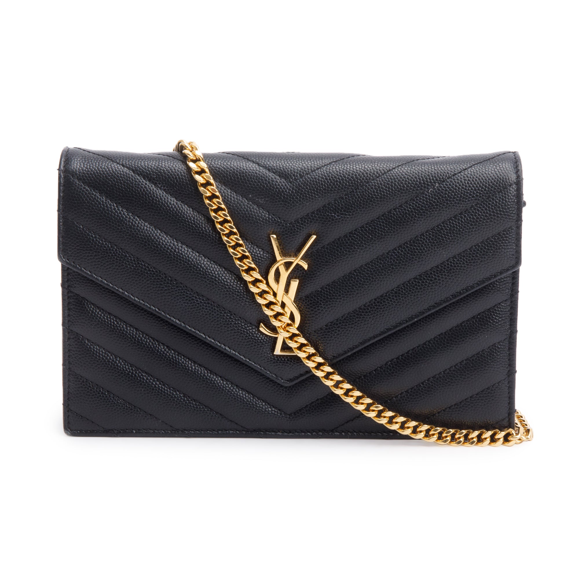 Saint Laurent Black Grain De Poudre Leather Cassandre Envelope Chain Wallet