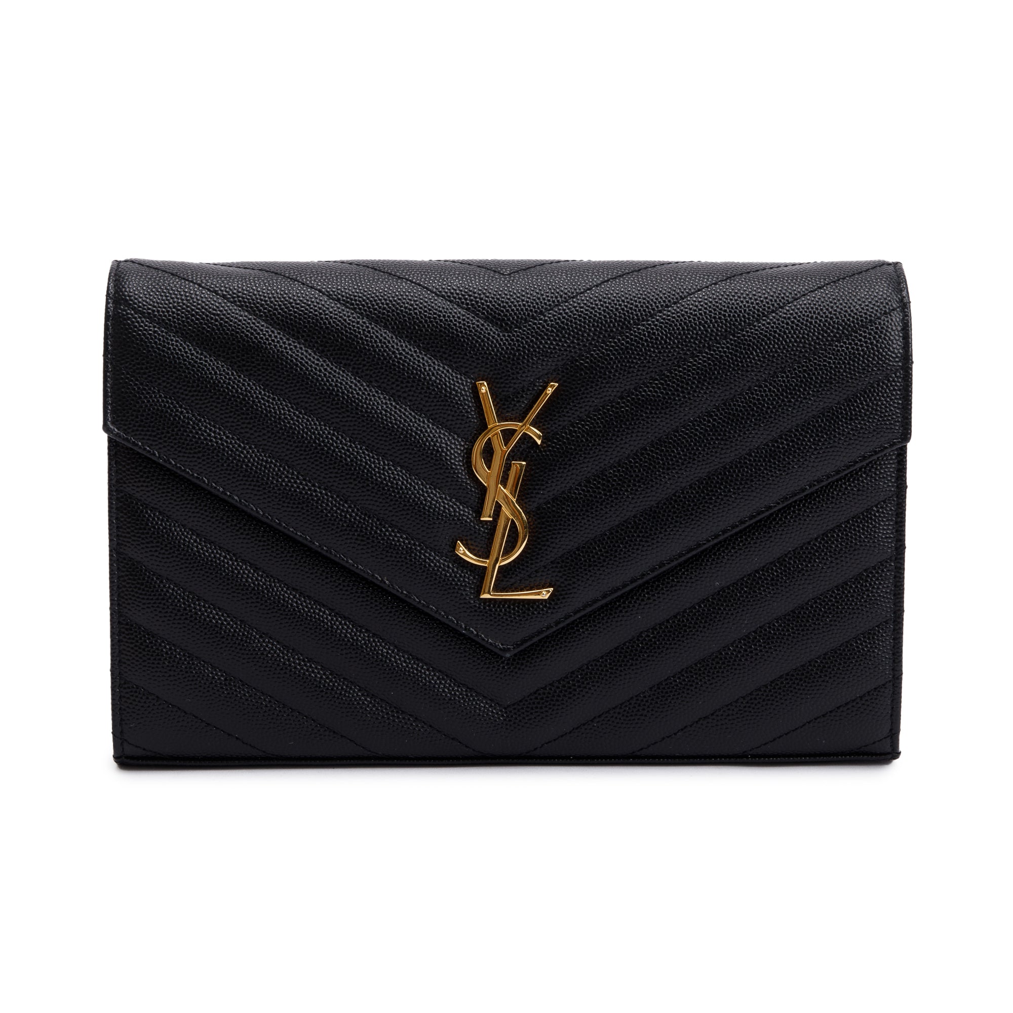 Saint Laurent Black Grain De Poudre Leather Cassandre Matelasse Chain Wallet w/ Box