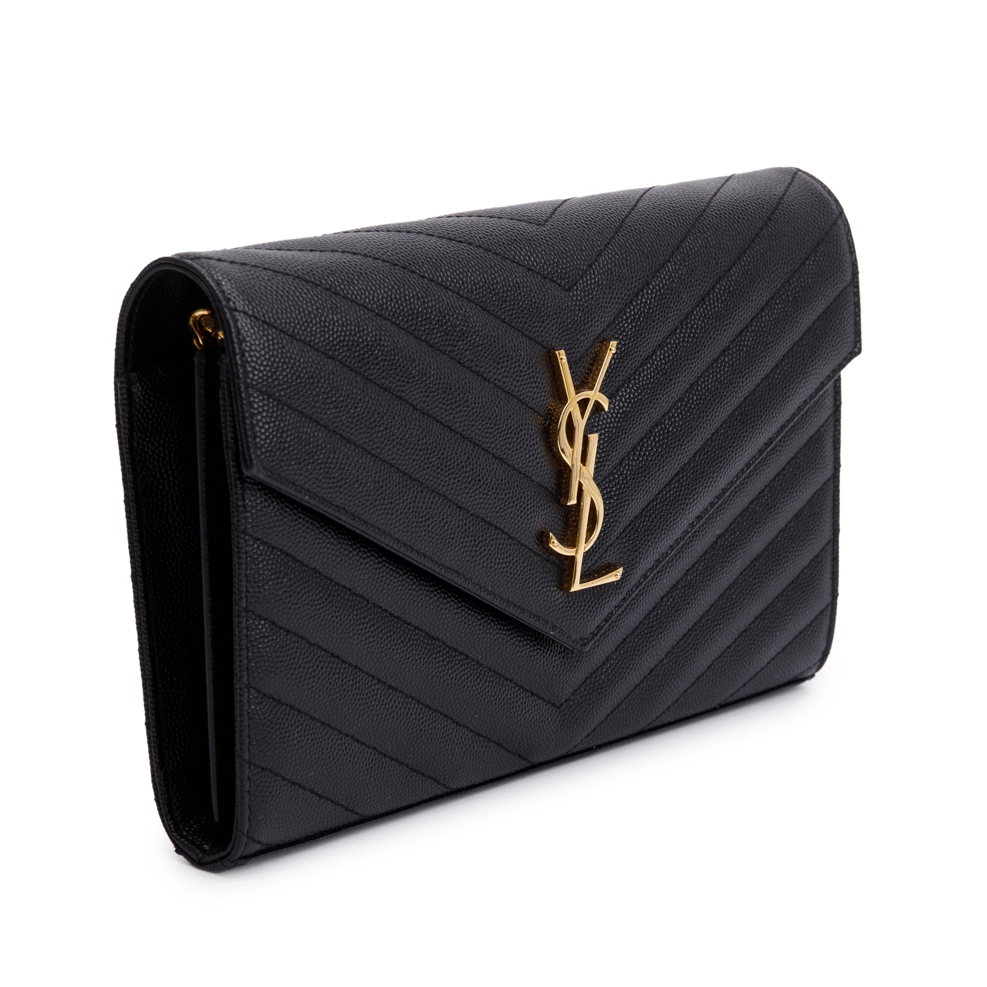 Saint Laurent Black Grain De Poudre Leather Cassandre Matelasse Chain Wallet w/ Box