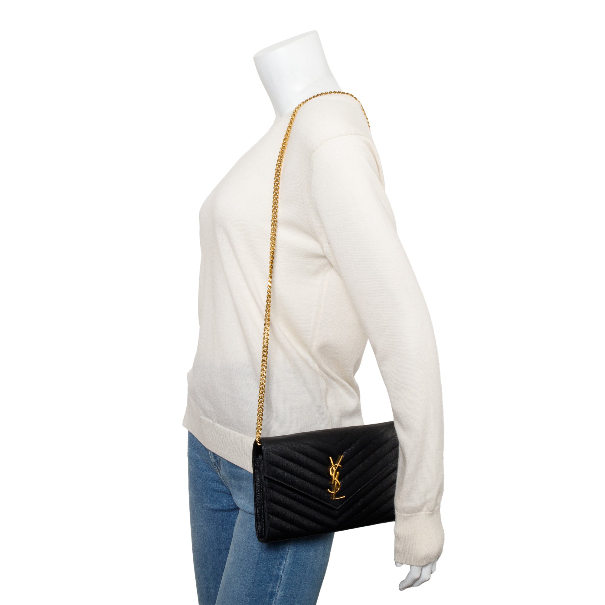 Saint Laurent Black Grain De Poudre Leather Cassandre Matelasse Chain Wallet w/ Box & Receipt