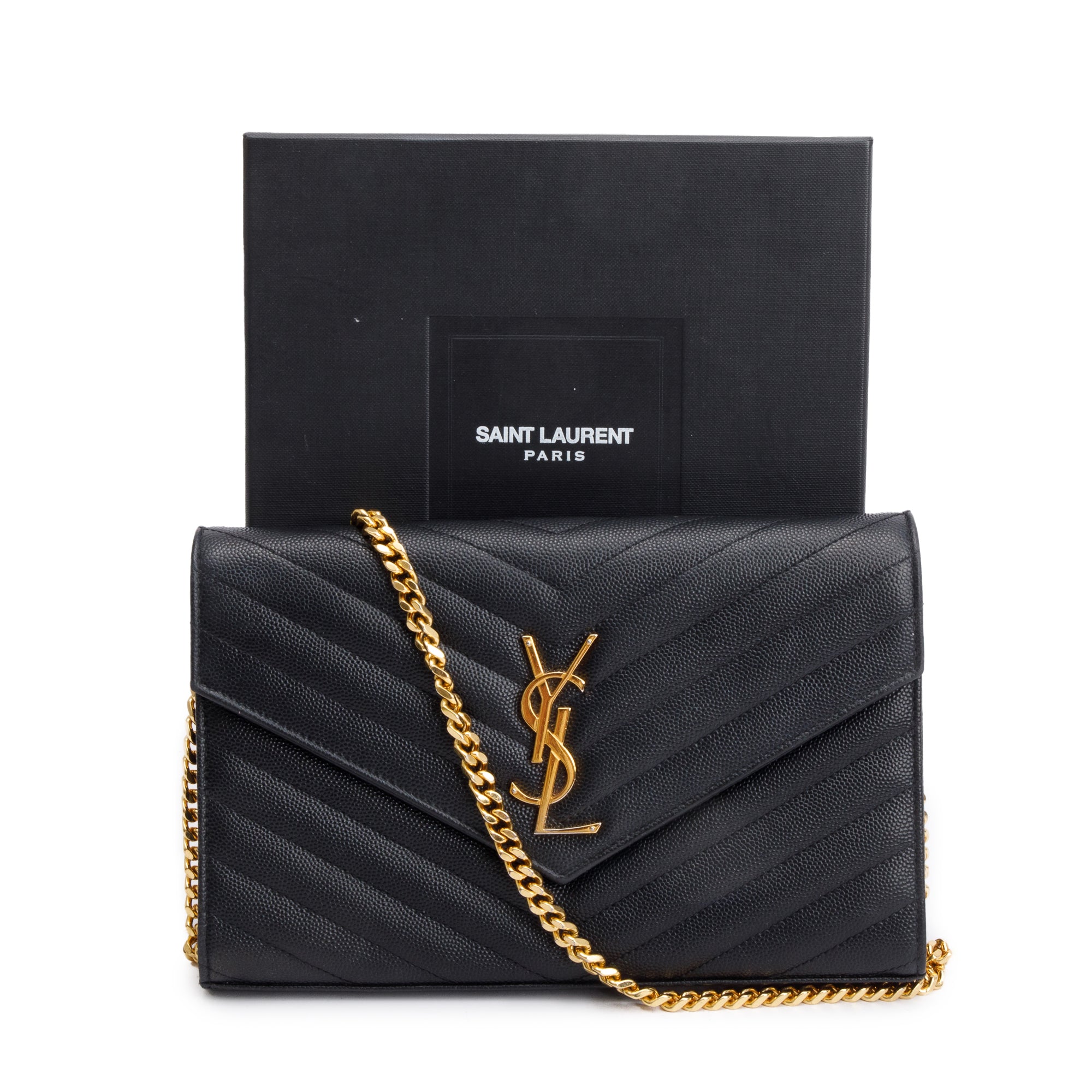Saint Laurent Black Grain De Poudre Leather Cassandre Matelasse Chain Wallet w/ Box & Receipt