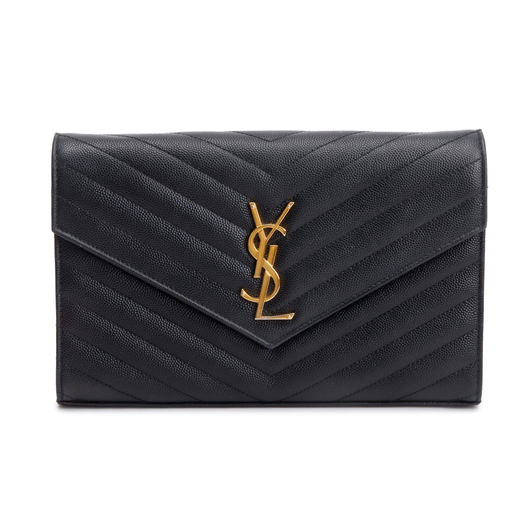 Saint Laurent Black Grain De Poudre Leather Cassandre Matelasse Chain Wallet w/ Box & Receipt