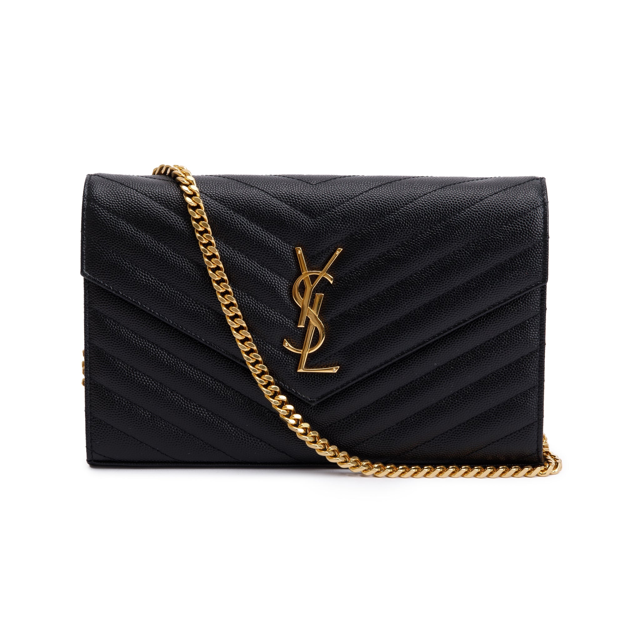 Saint Laurent Black Grain De Poudre Leather Cassandre Matelasse Chain Wallet w/ Box