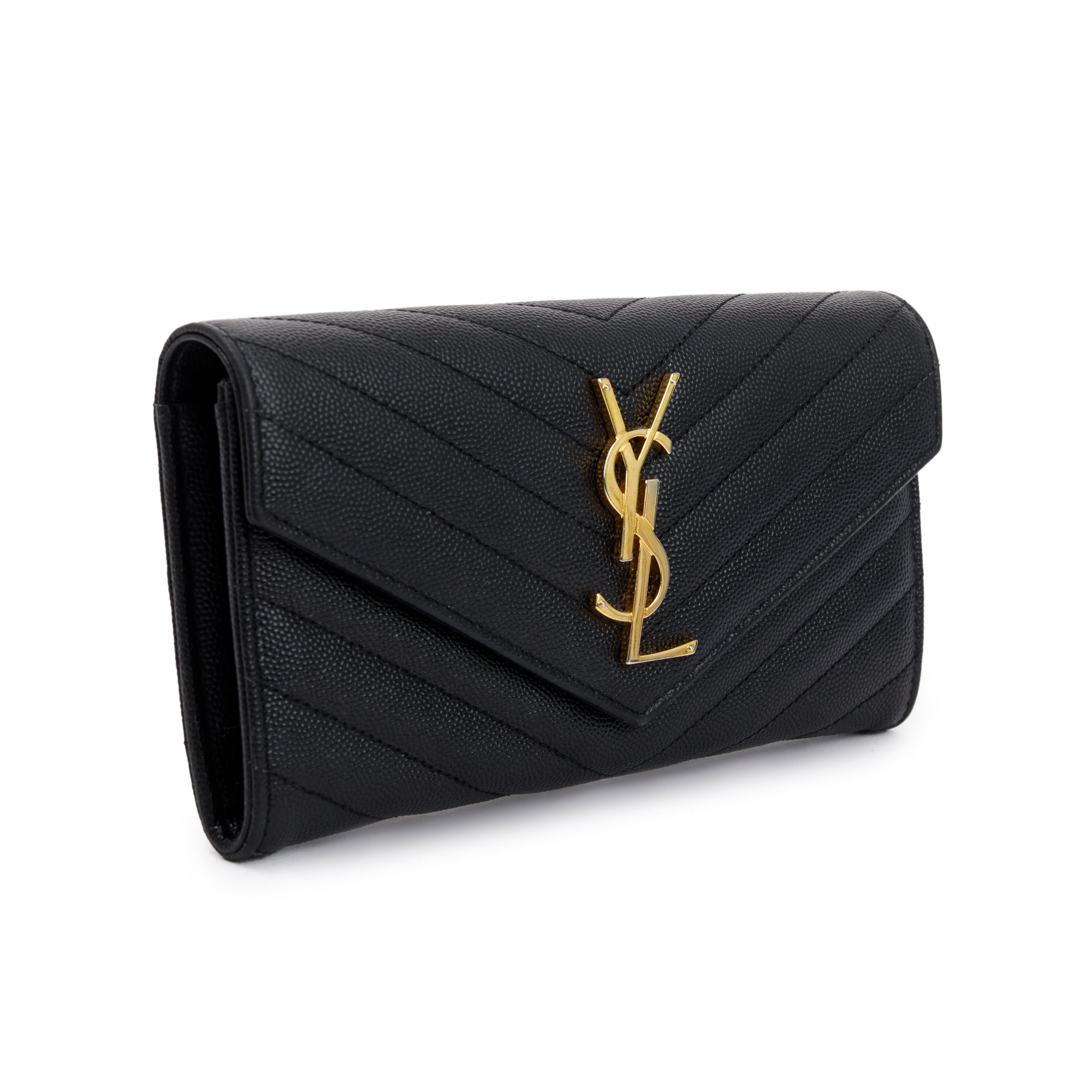 Saint Laurent Black Grain De Poudre Leather Cassandre Matelasse Large Flap Wallet w/ Box