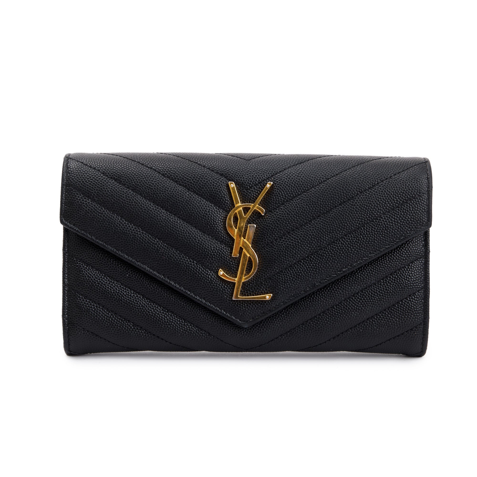 Saint Laurent Black Grain De Poudre Leather Cassandre Matelasse Large Flap Wallet w/ Box