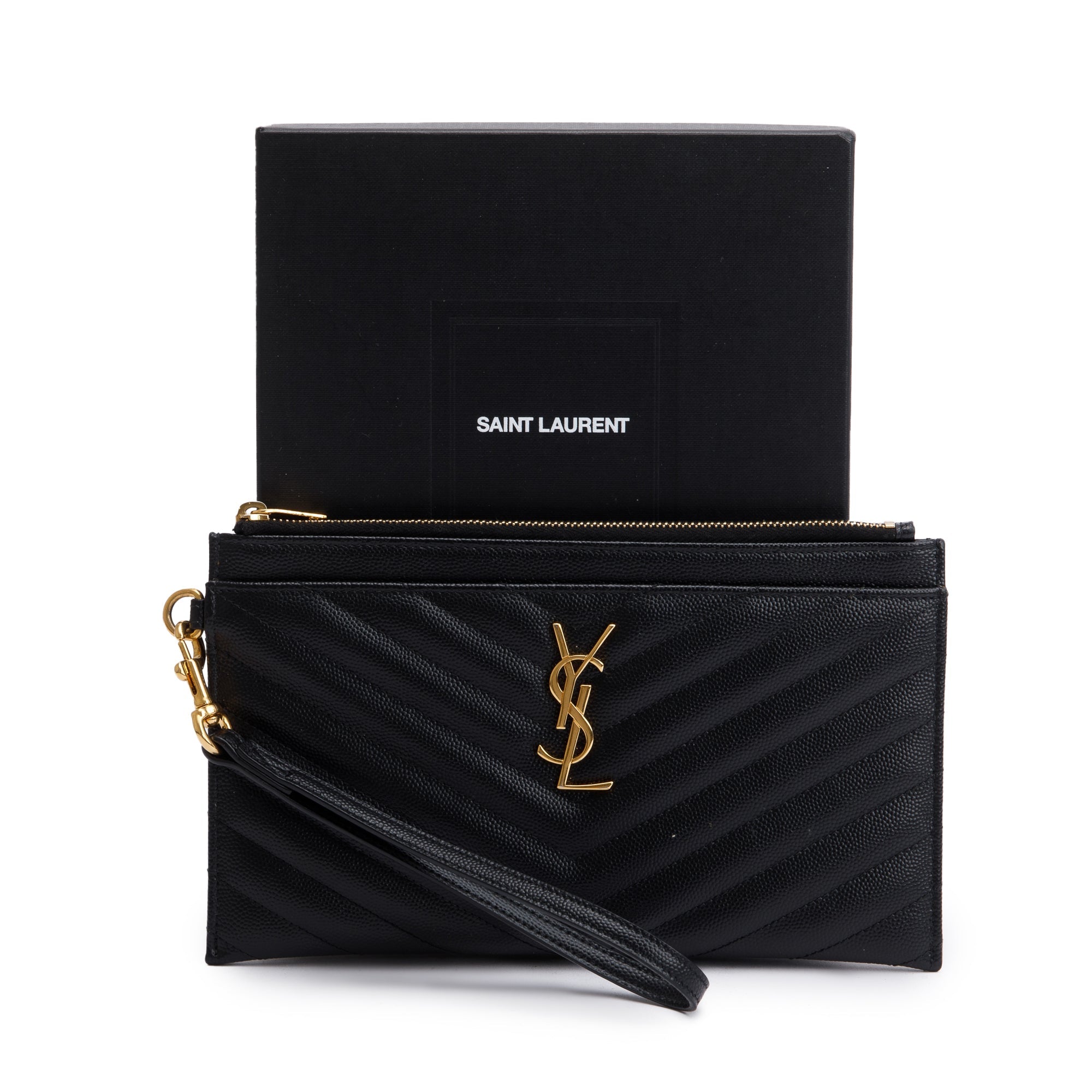 Saint Laurent Black Grain De Poudre Leather Cassandre Matelasse Large Zipped Pouch w/ Stap & Box