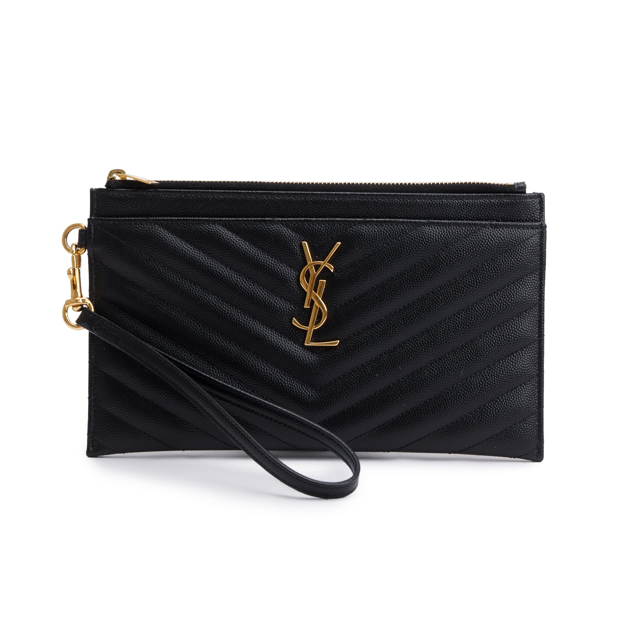 Saint Laurent Black Grain De Poudre Leather Cassandre Matelasse Large Zipped Pouch w/ Stap & Box