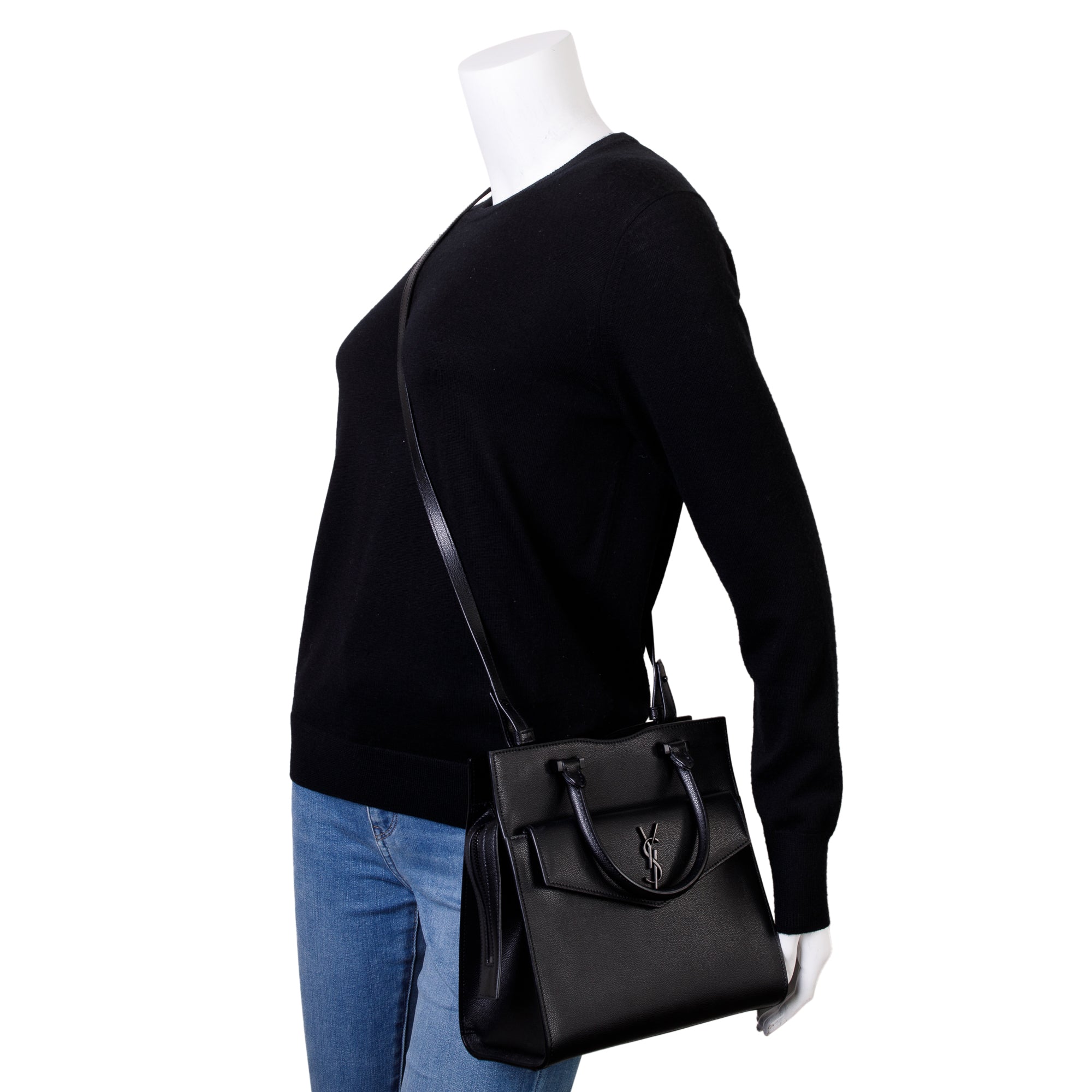 Saint Laurent Black Grain De Poudre Leather Uptown Tote with Pouch w/ Receipt