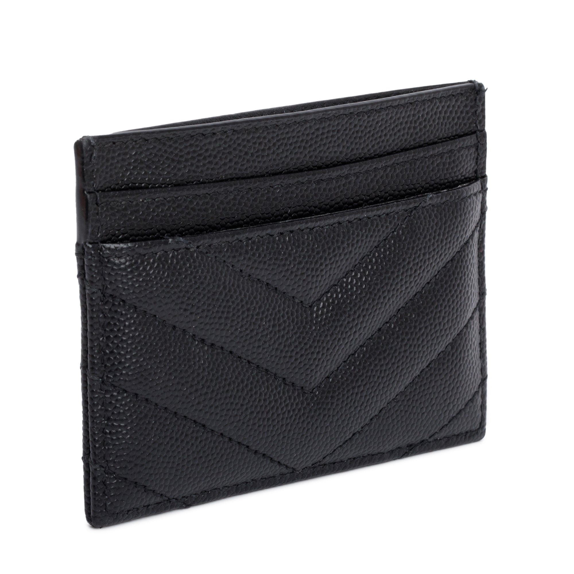 Saint Laurent Black Grain de Poudre Matelasse Chevron Leather Card Holder w/ Box
