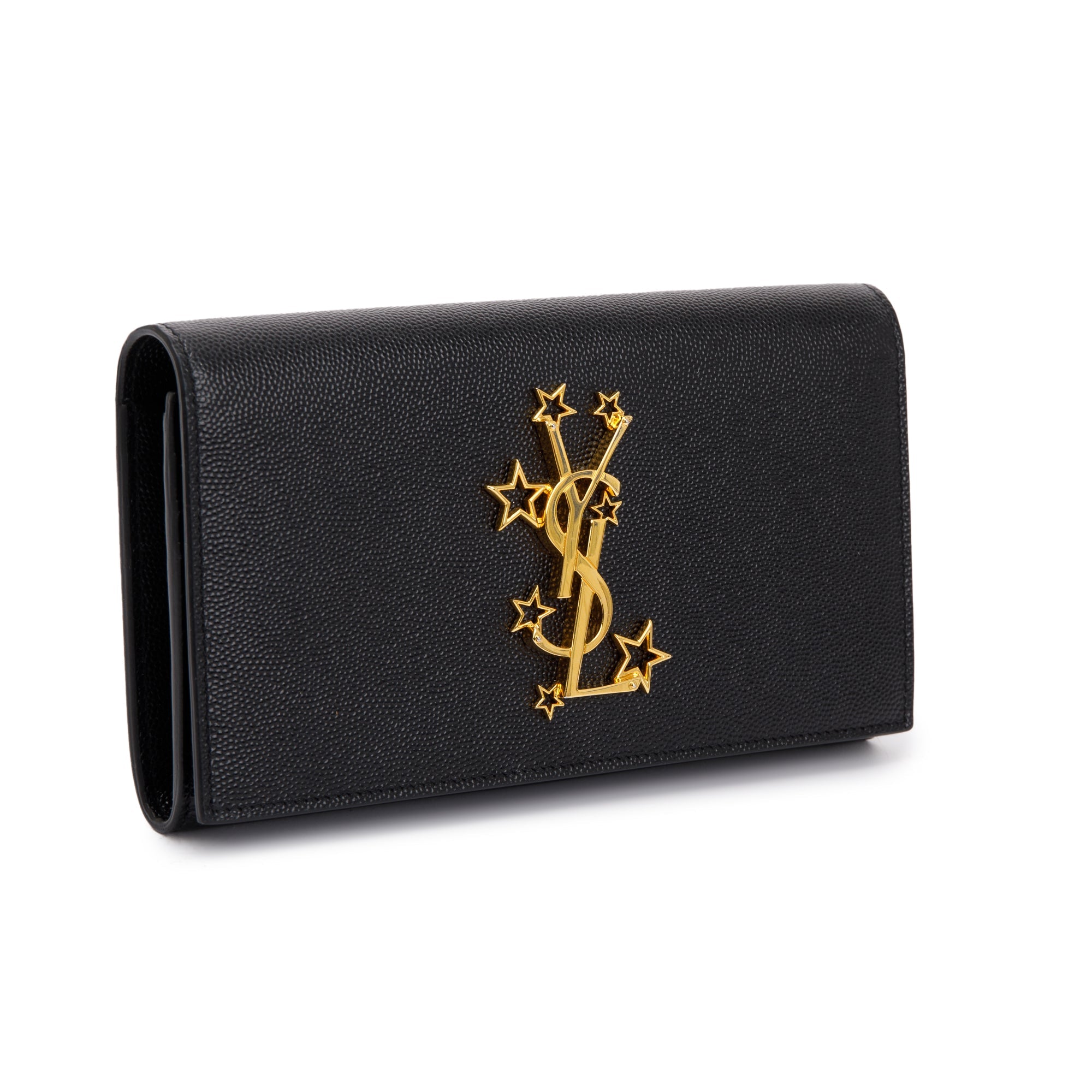 Saint Laurent Black Grain de Poudre Stars Monogram Bi-Fold Long Wallet w/ Box