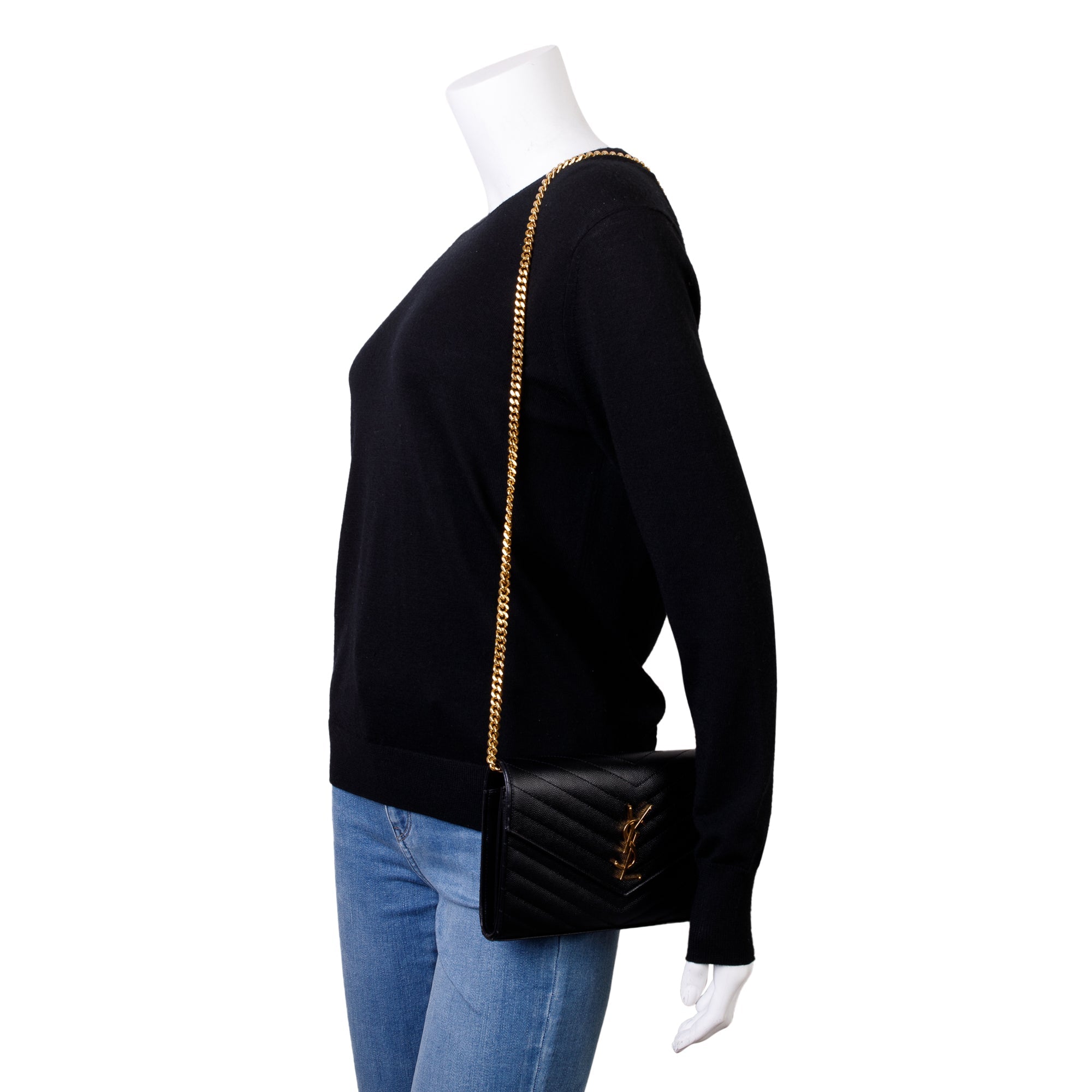 Saint Laurent Black Grained De Poudre Cassandre Matelasse Chain Wallet