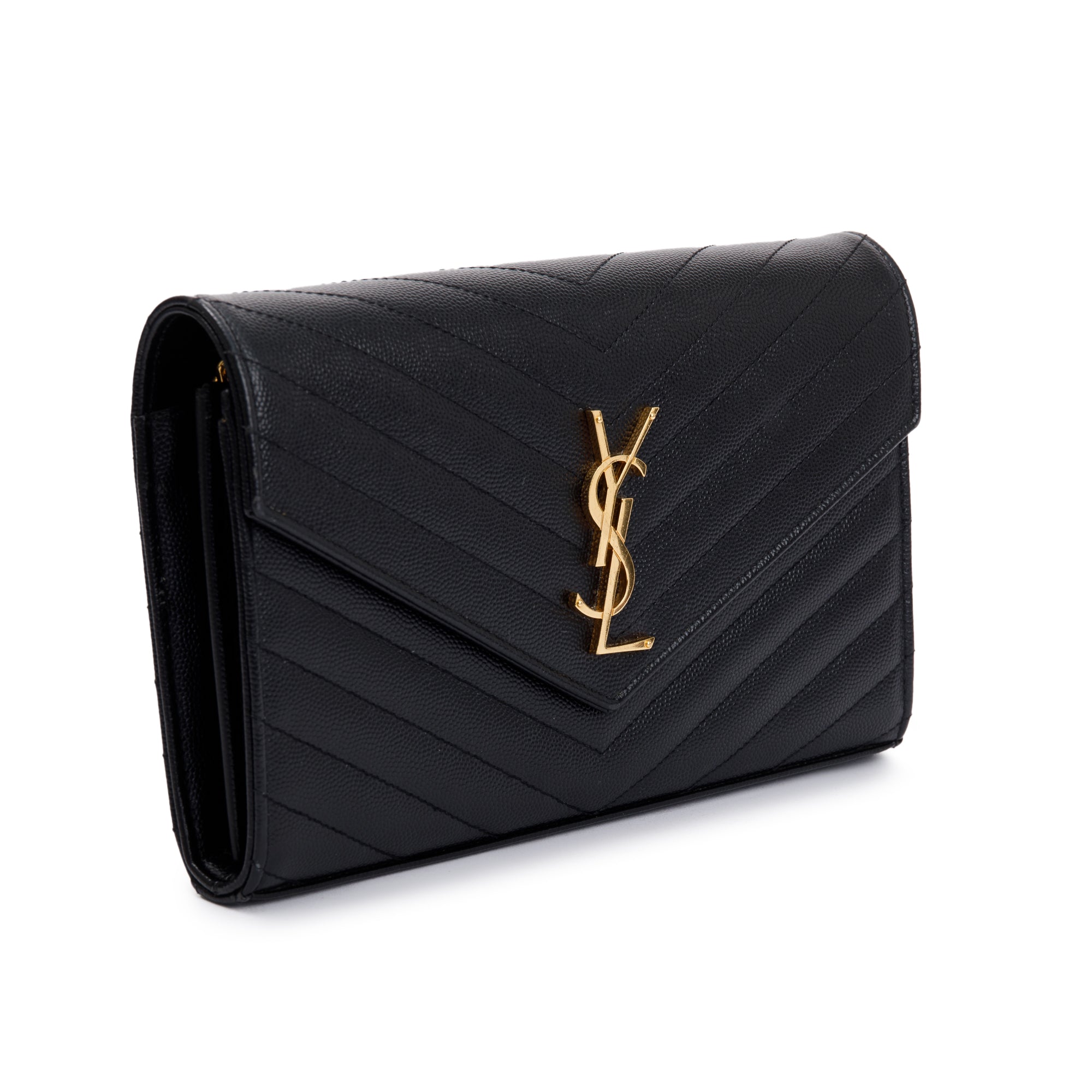 Saint Laurent Black Grained De Poudre Cassandre Matelasse Chain Wallet