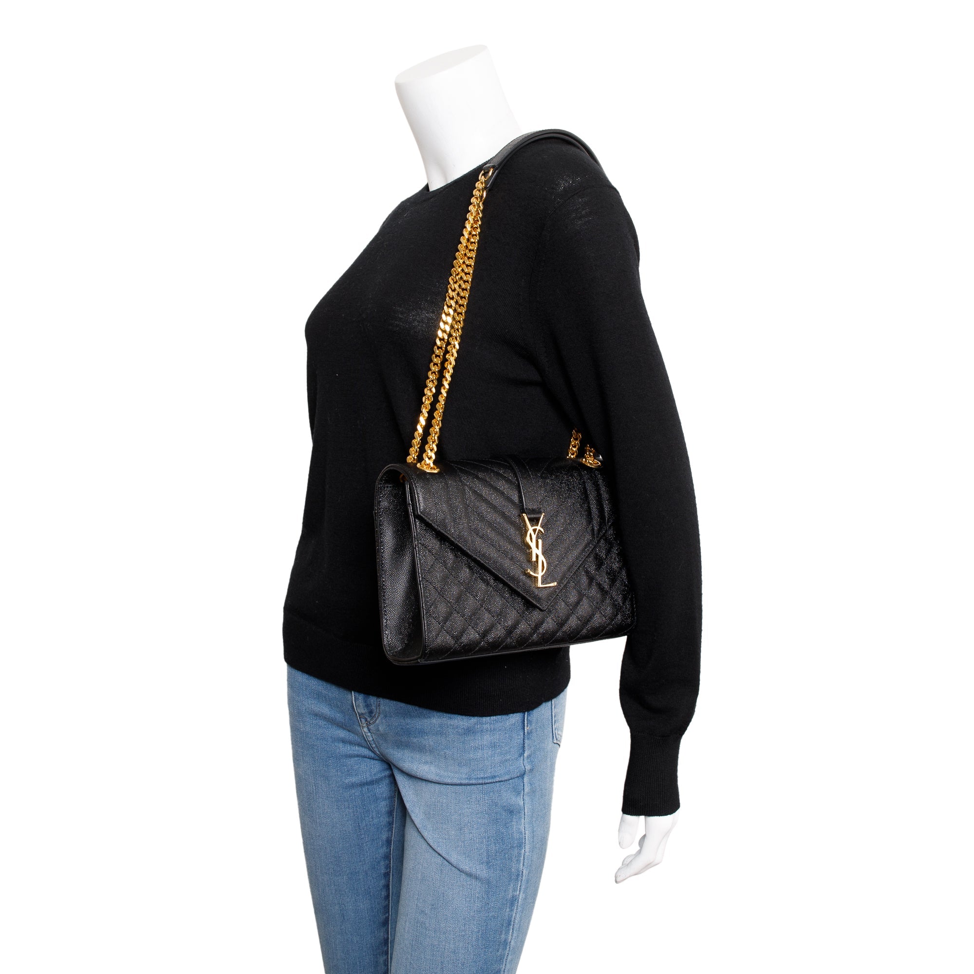 Saint Laurent Black Grained De Poudre Medium Envelope Shoulder Bag