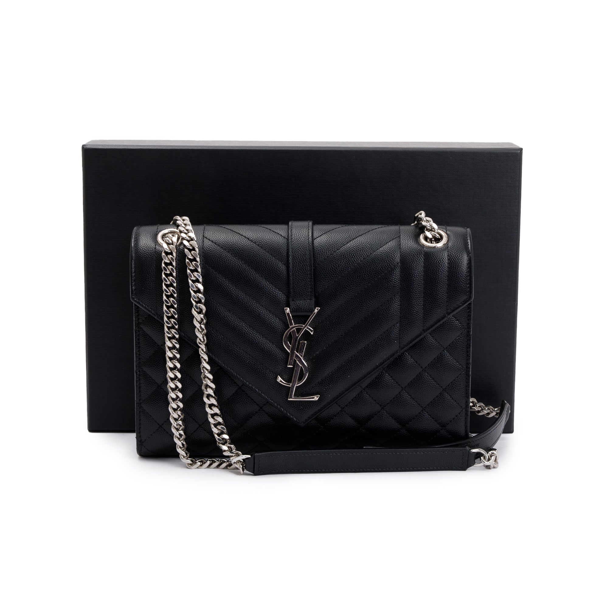 Saint Laurent Black Grained De Poudre Medium Envelope Shoulder Bag w/ Box