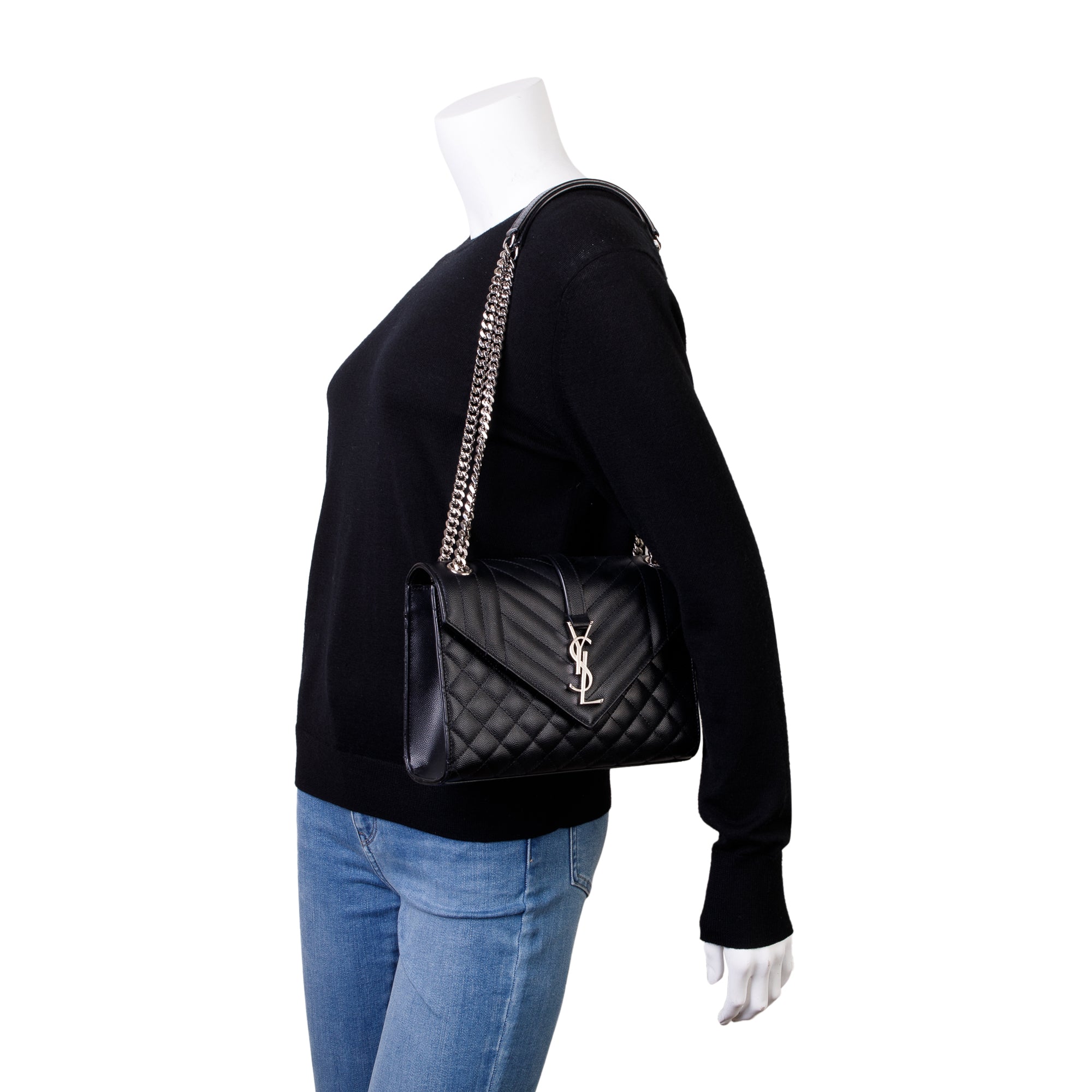 Saint Laurent Black Grained De Poudre Medium Envelope Shoulder Bag w/ Box