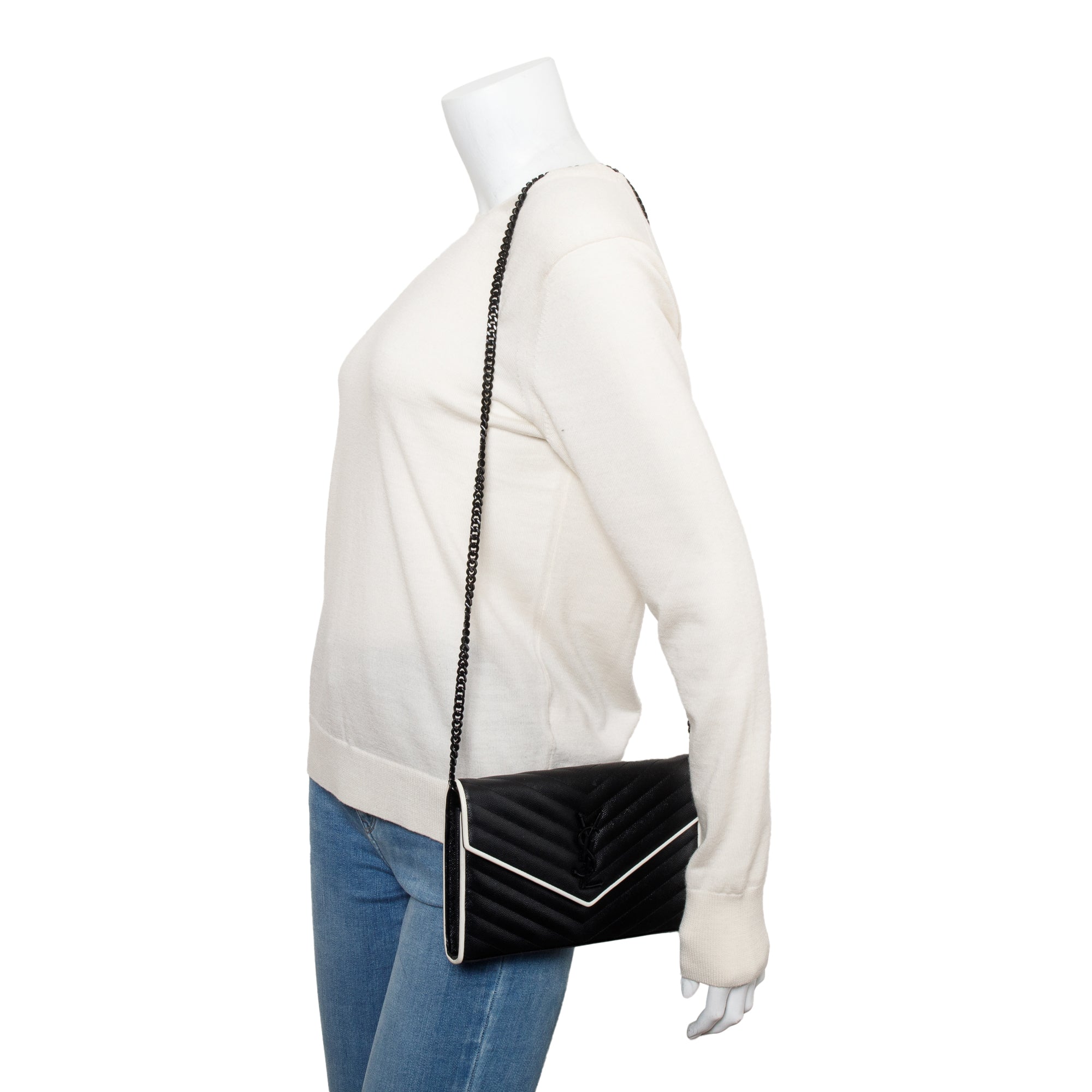 Saint Laurent Black Grained De Poudre White Contrast Trim Cassandre Matelasse Chain Wallet