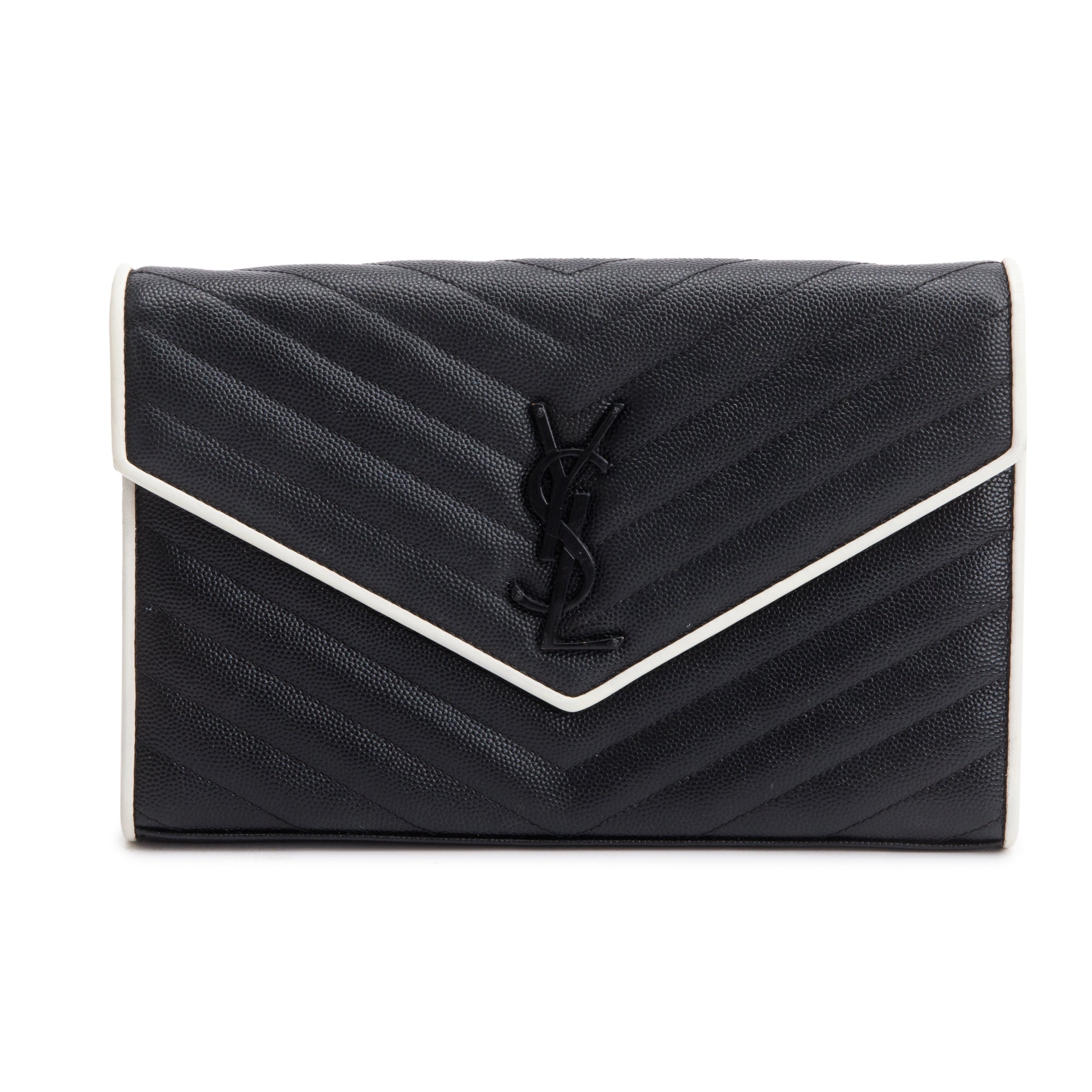 Saint Laurent Black Grained De Poudre White Contrast Trim Cassandre Matelasse Chain Wallet