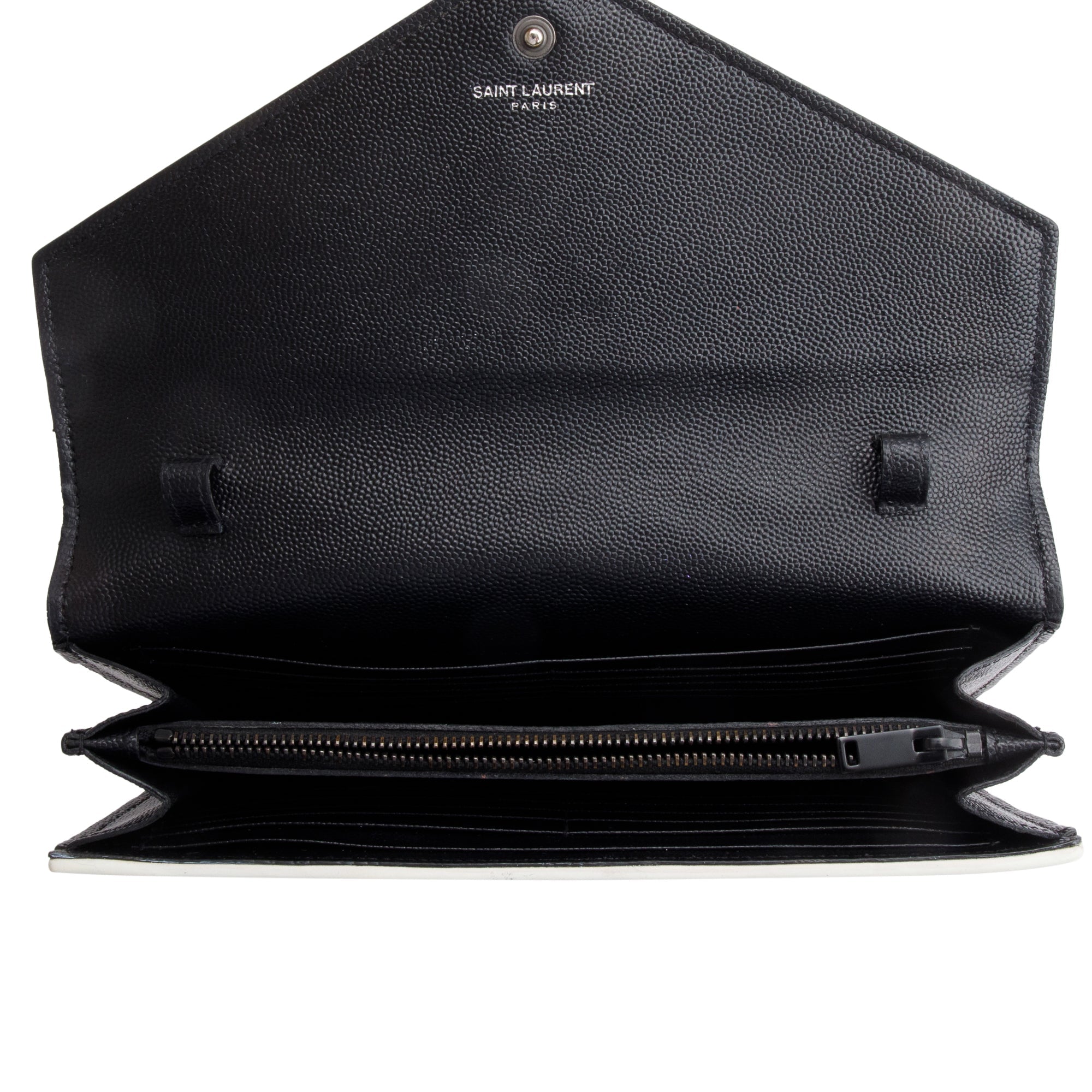 Saint Laurent Black Grained De Poudre White Contrast Trim Cassandre Matelasse Chain Wallet