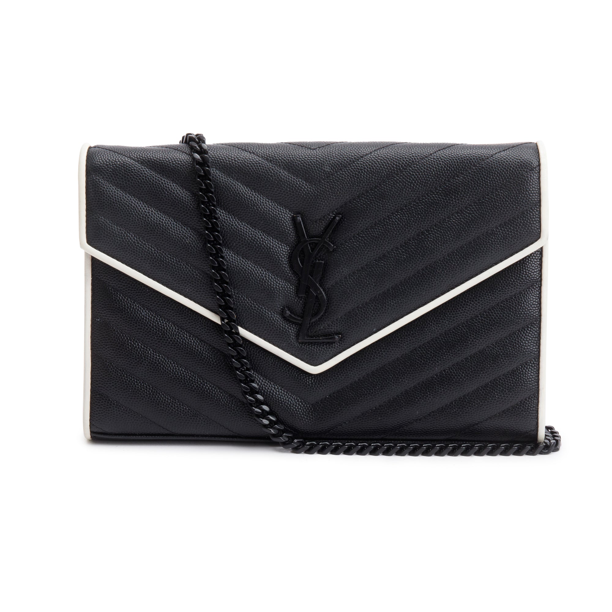 Saint Laurent Black Grained De Poudre White Contrast Trim Cassandre Matelasse Chain Wallet