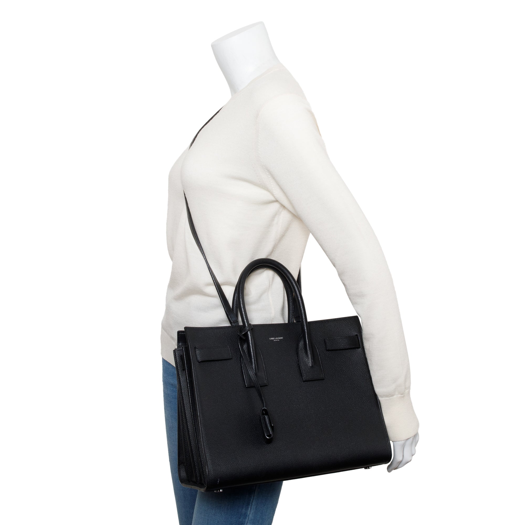 Saint Laurent Black Grained Leather Small Sac De Jour w/ Strap