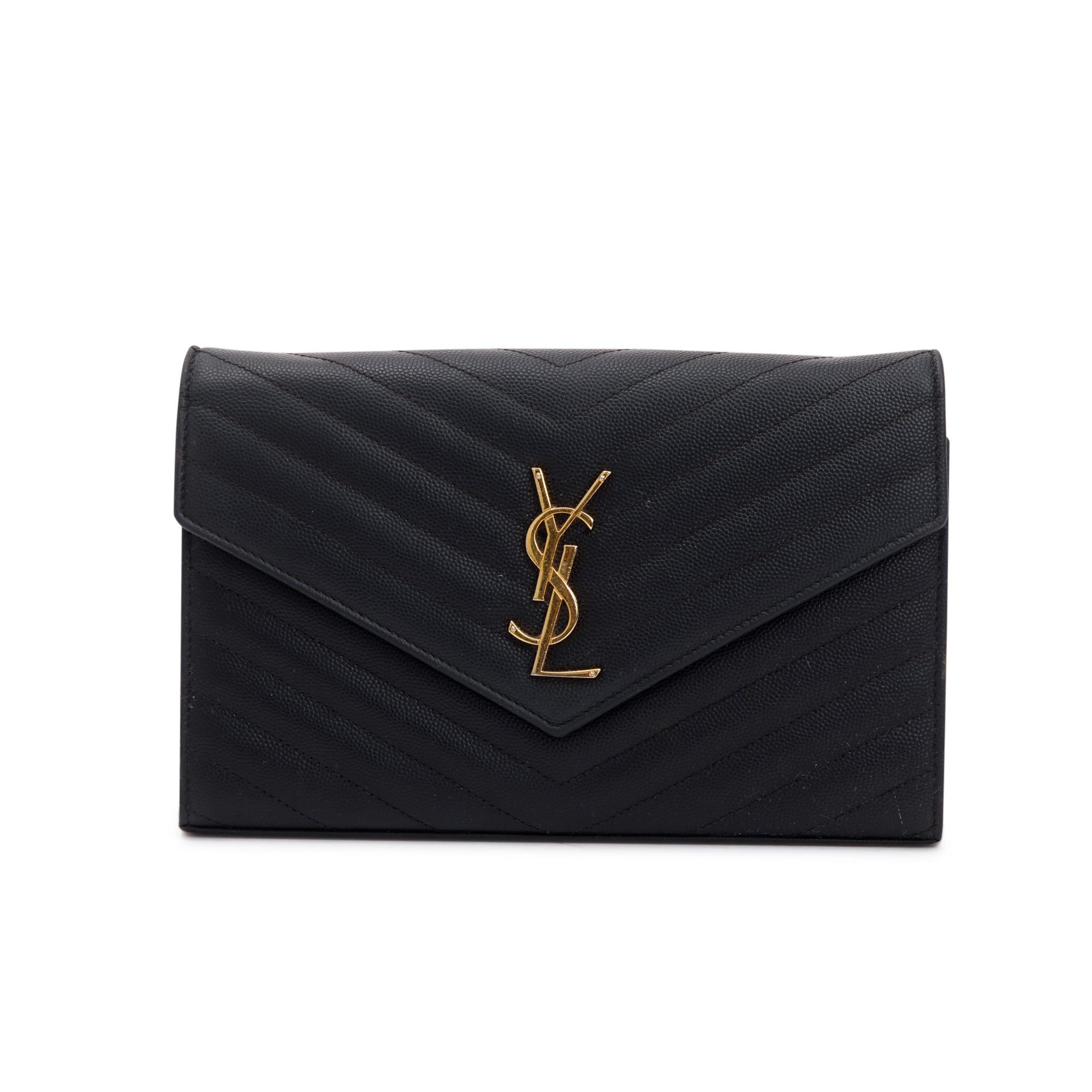 Saint Laurent Black Grained de Poudre Cassandre Matelasse Chain Wallet
