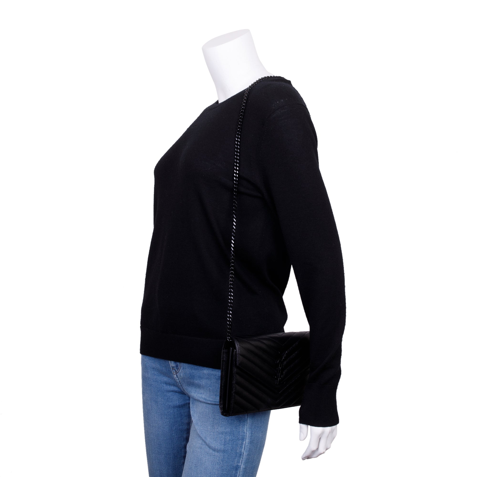 Saint Laurent Black Grained de Poudre Cassandre Matelasse Chain Wallet w/ Box