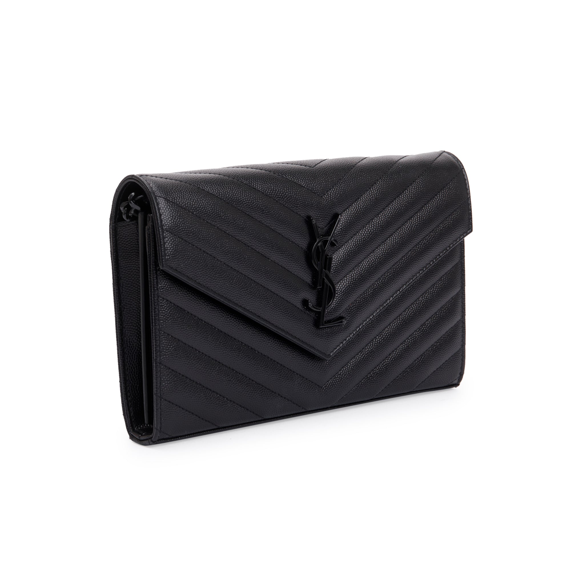 Saint Laurent Black Grained de Poudre Cassandre Matelasse Chain Wallet w/ Box