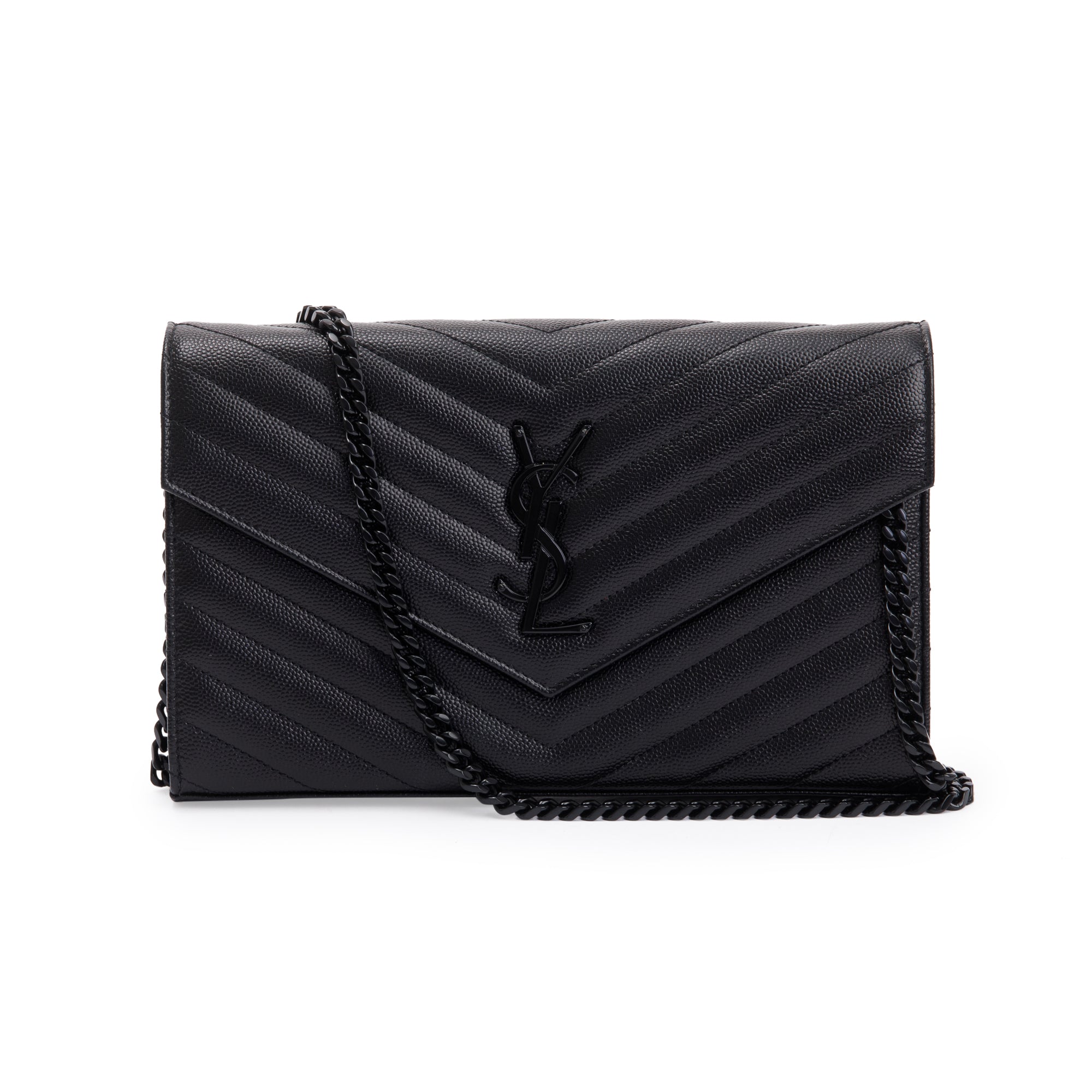 Saint Laurent Black Grained de Poudre Cassandre Matelasse Chain Wallet w/ Box