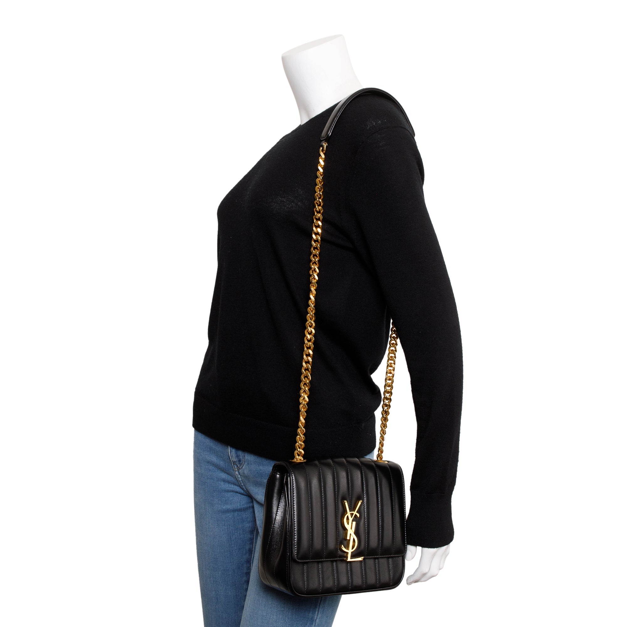 Saint Laurent Black Lambskin Matelasse Medium Monogram Vicky Chain Bag