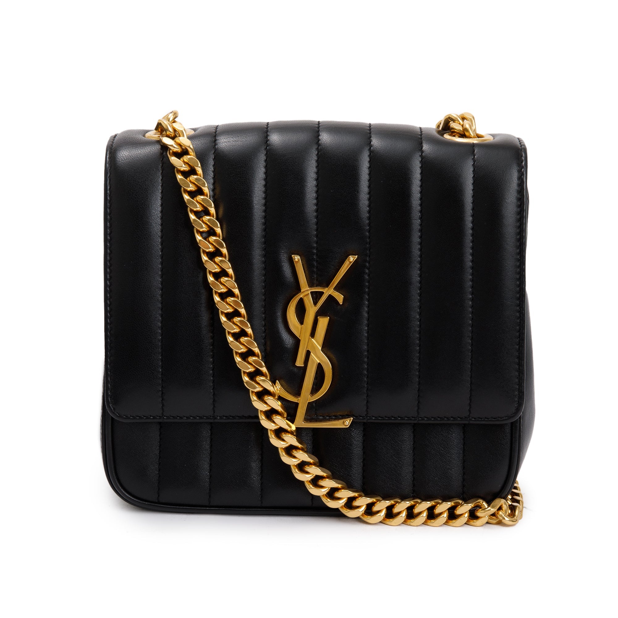 Saint Laurent Black Lambskin Matelasse Medium Monogram Vicky Chain Bag