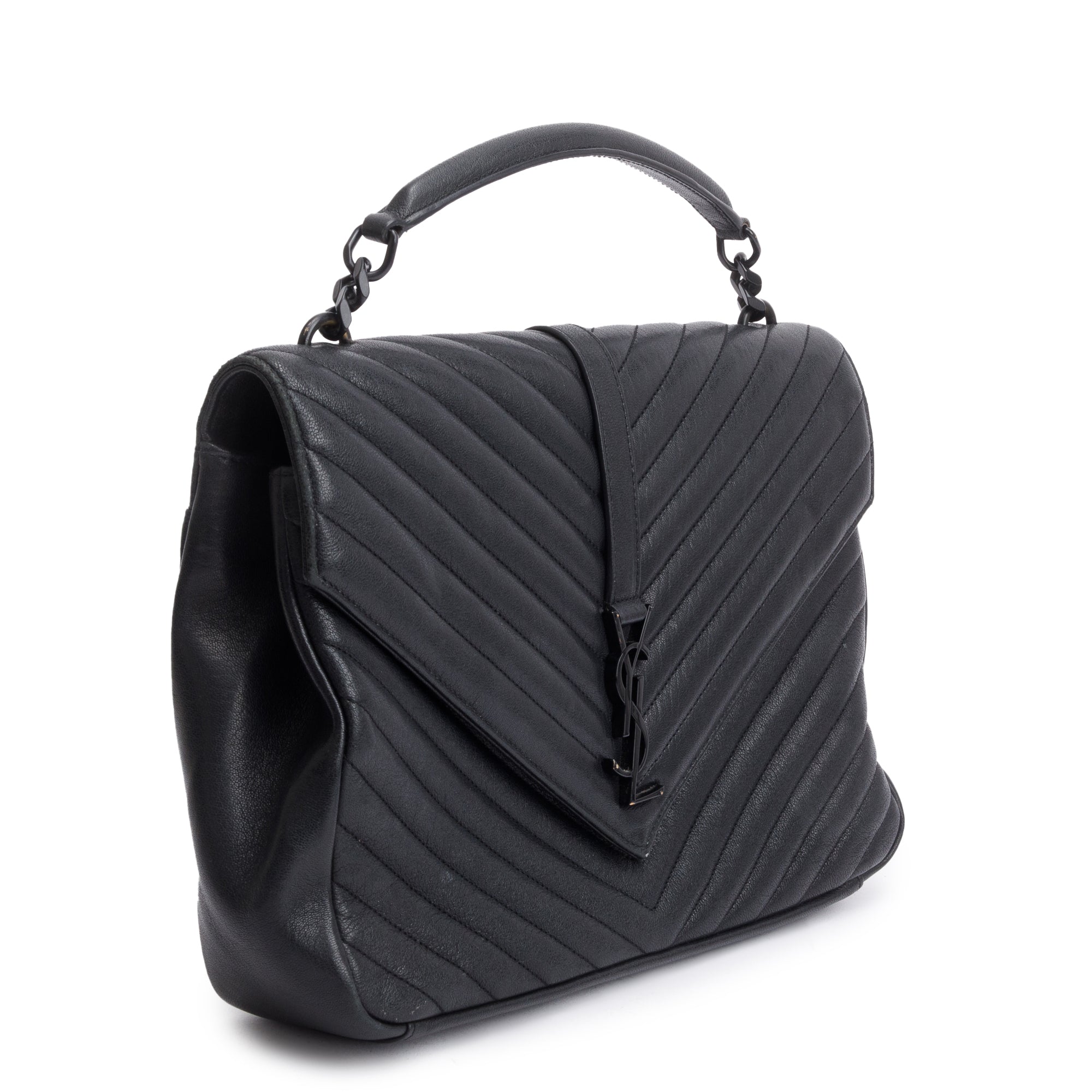 Saint Laurent Black Leather Large Chevron College Bag