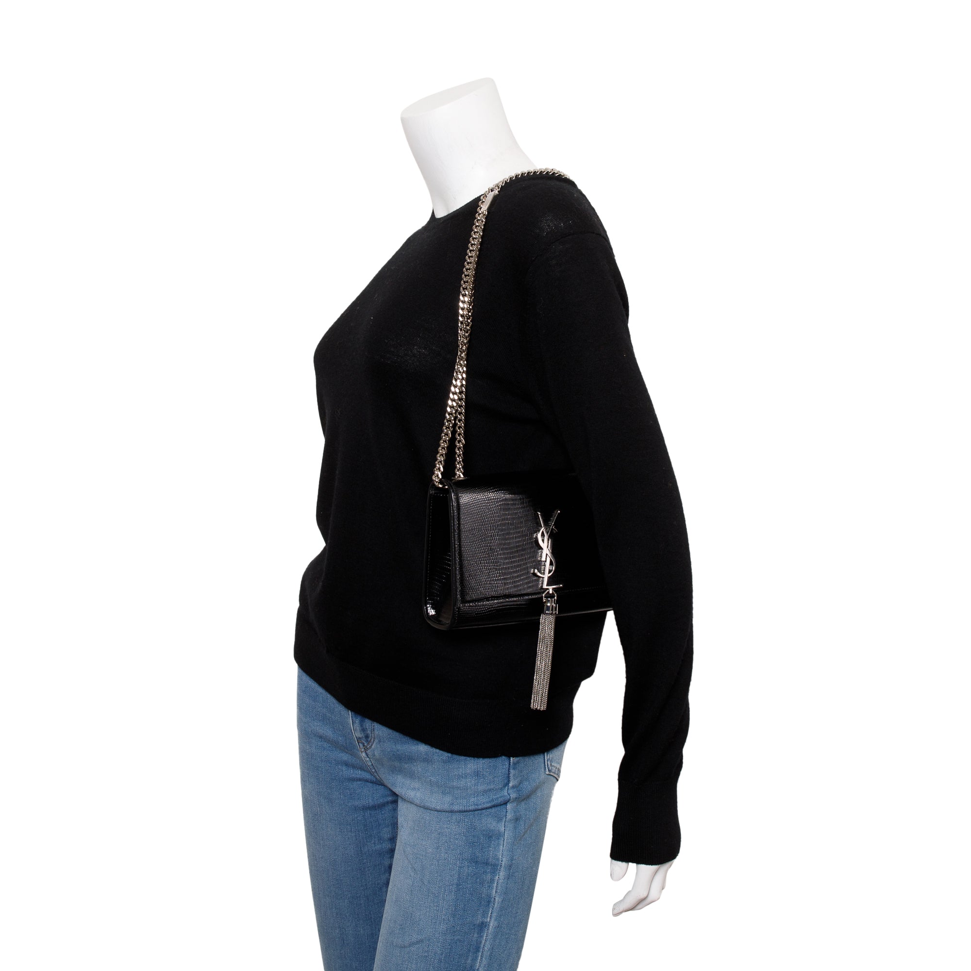 Saint Laurent Black Lizard-Embossed Leather Small Kate Tassel Bag