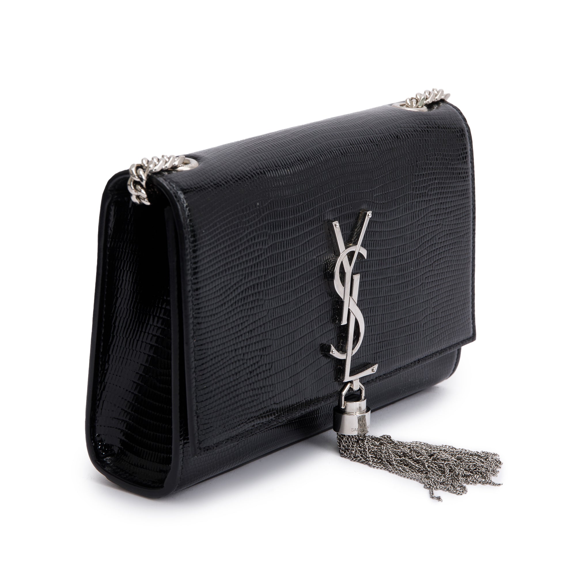 Saint Laurent Black Lizard-Embossed Leather Small Kate Tassel Bag