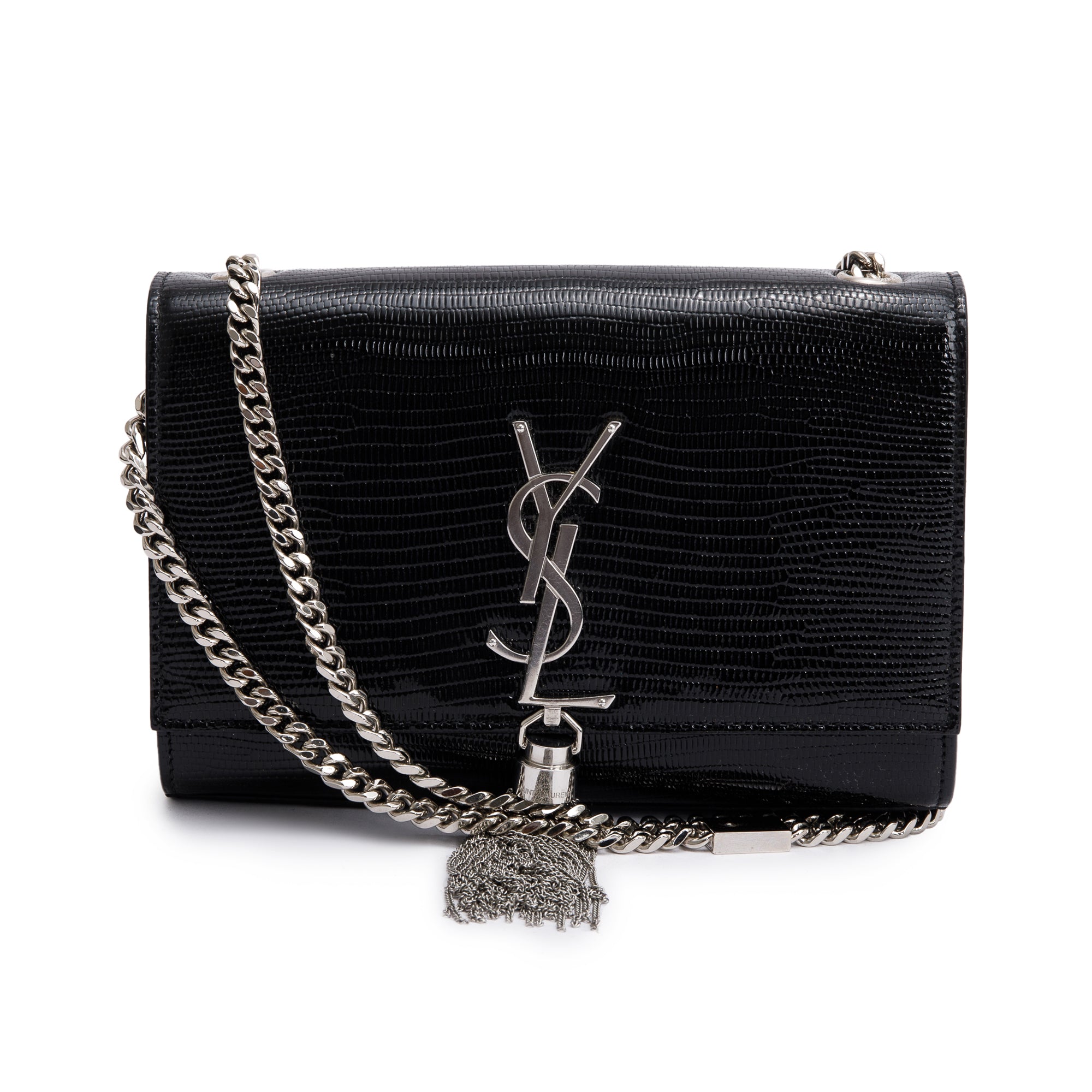 Saint Laurent Black Lizard-Embossed Leather Small Kate Tassel Bag