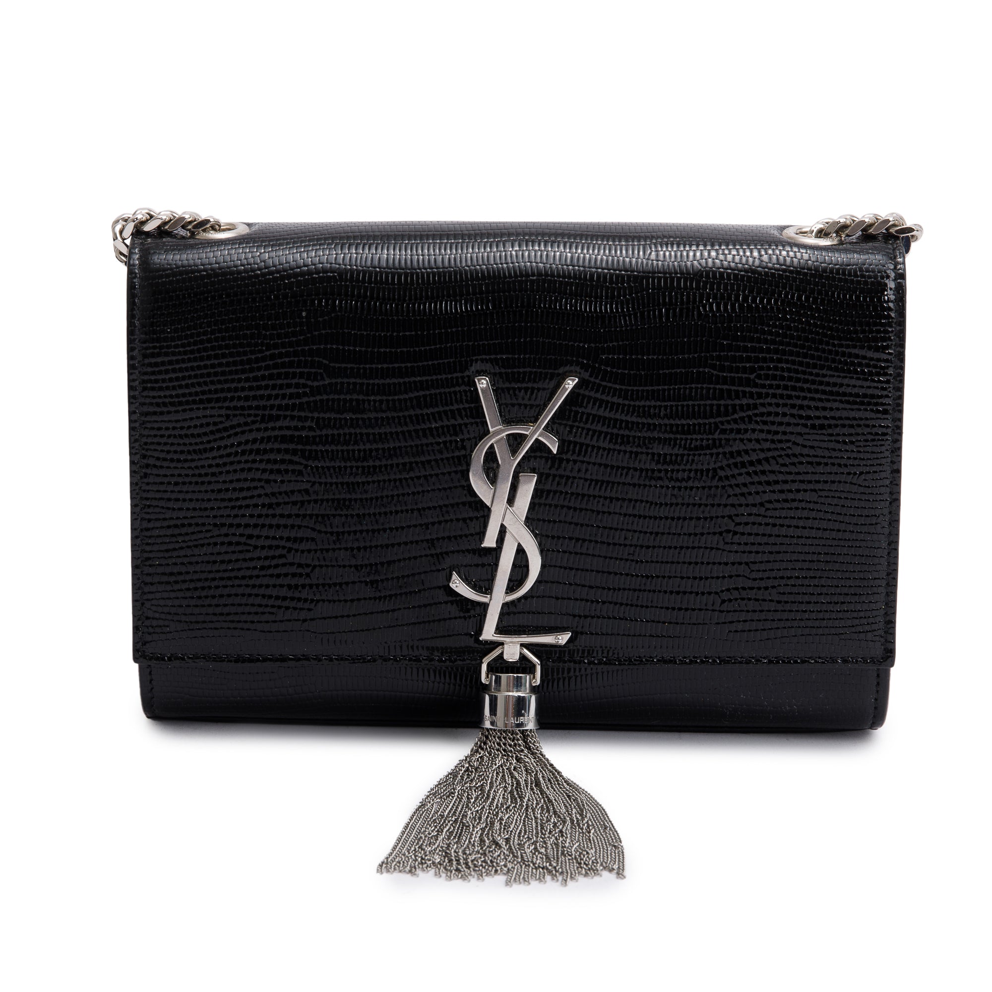 Saint Laurent Black Lizard-Embossed Leather Small Kate Tassel Bag