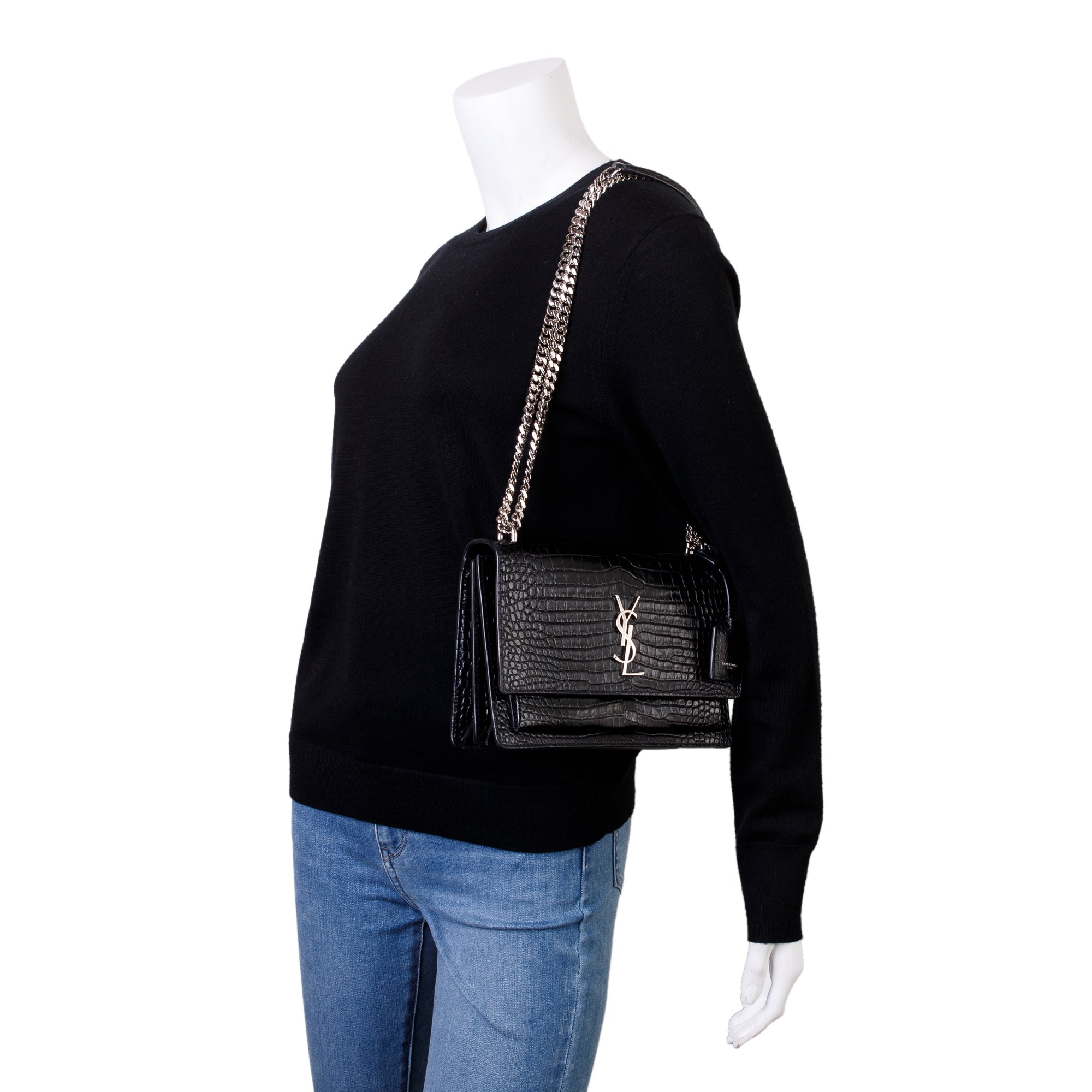 Saint Laurent Black Medium Crocodile Embossed Sunset Bag