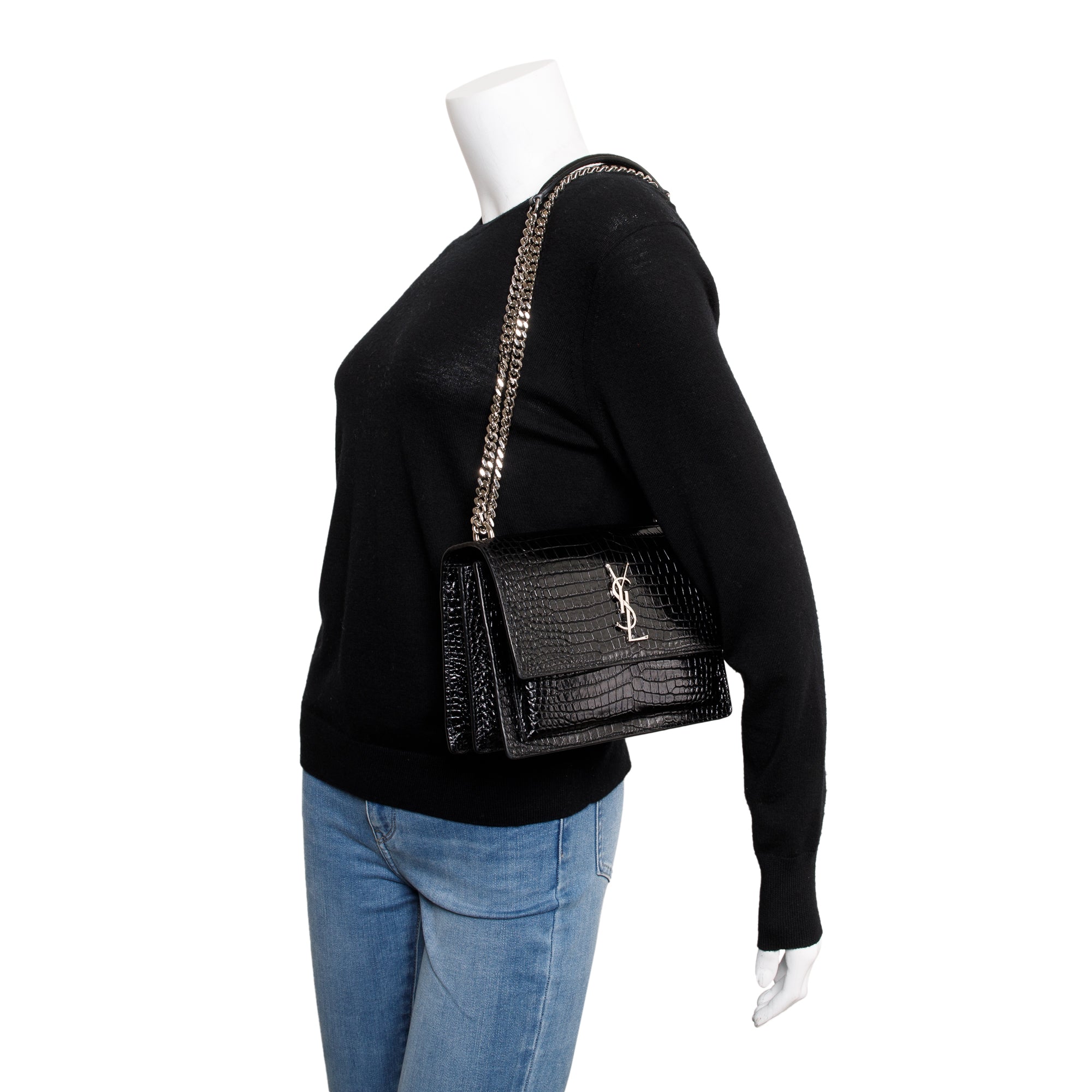 Saint Laurent Black Medium Crocodile Embossed Sunset Bag