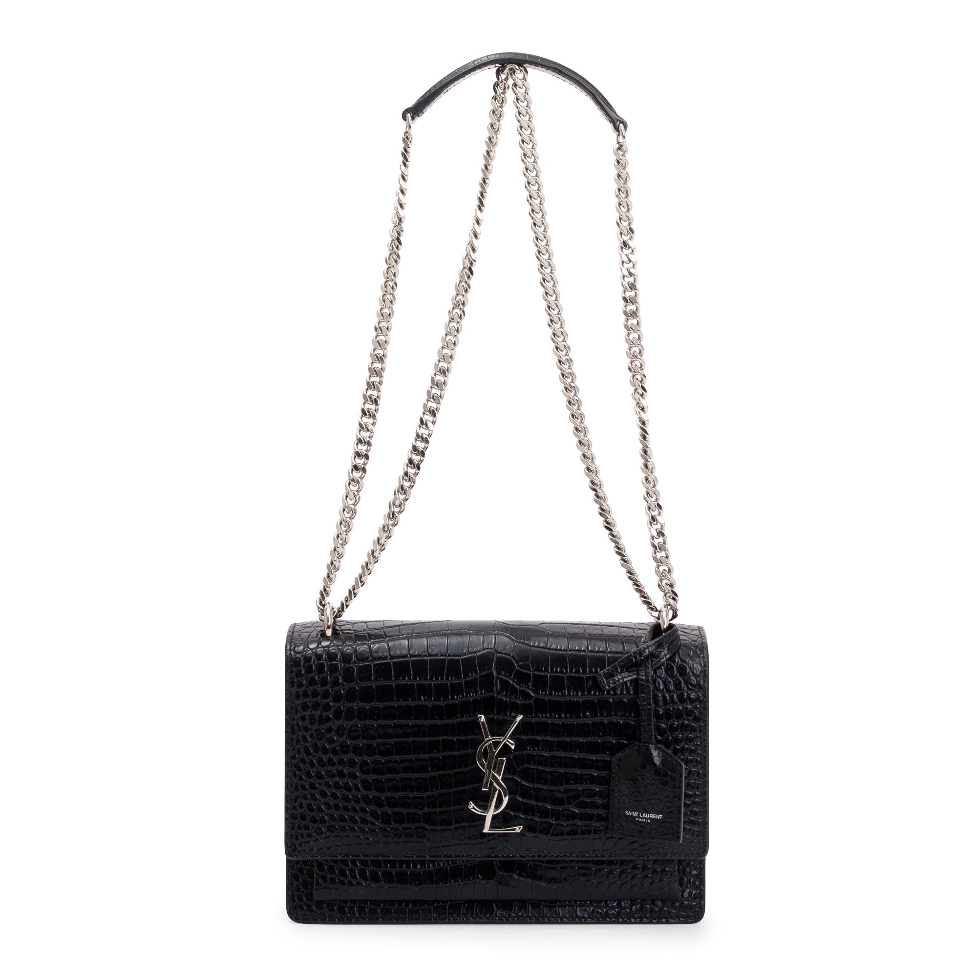 Saint Laurent Black Medium Crocodile Embossed Sunset Bag