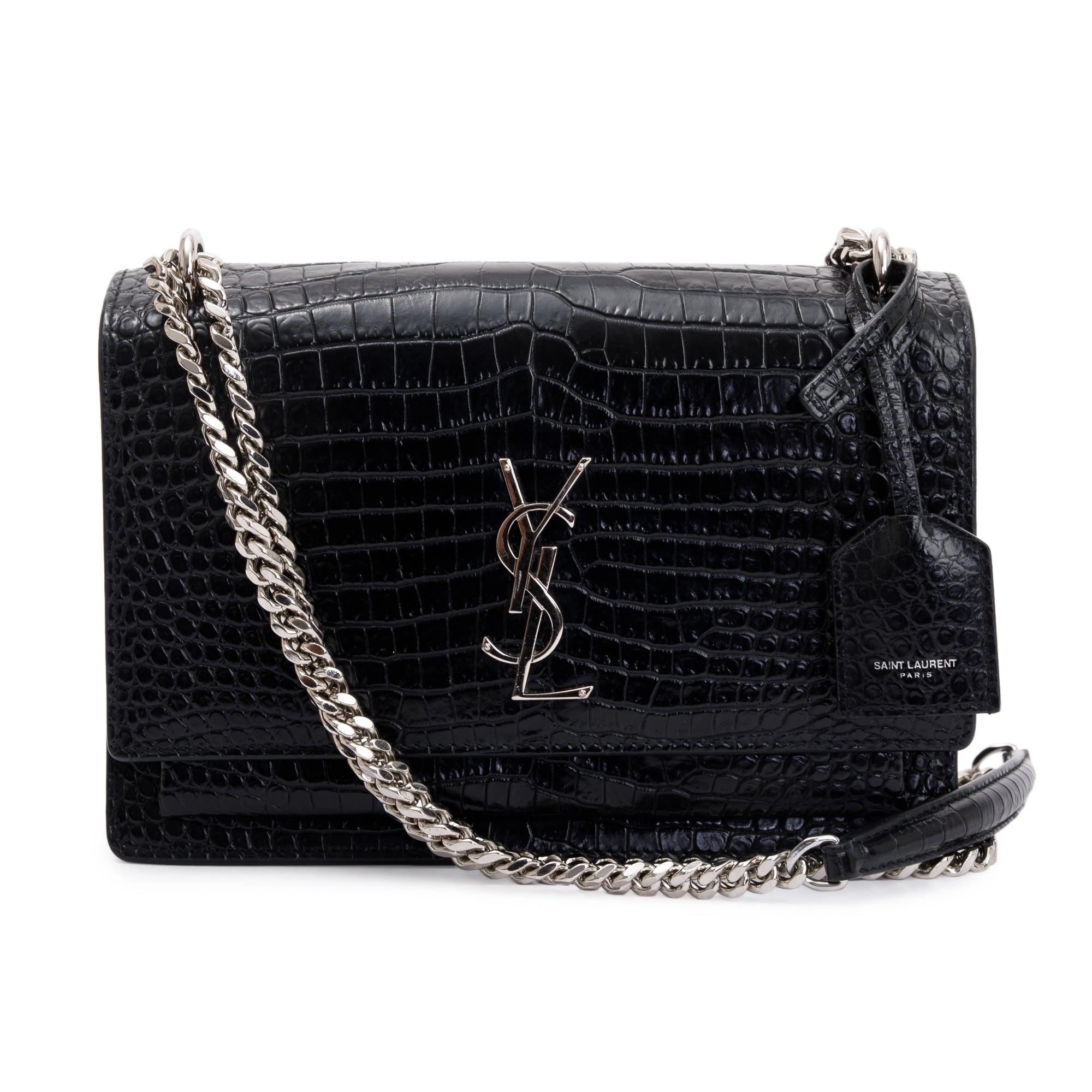 Saint Laurent Black Medium Crocodile Embossed Sunset Bag
