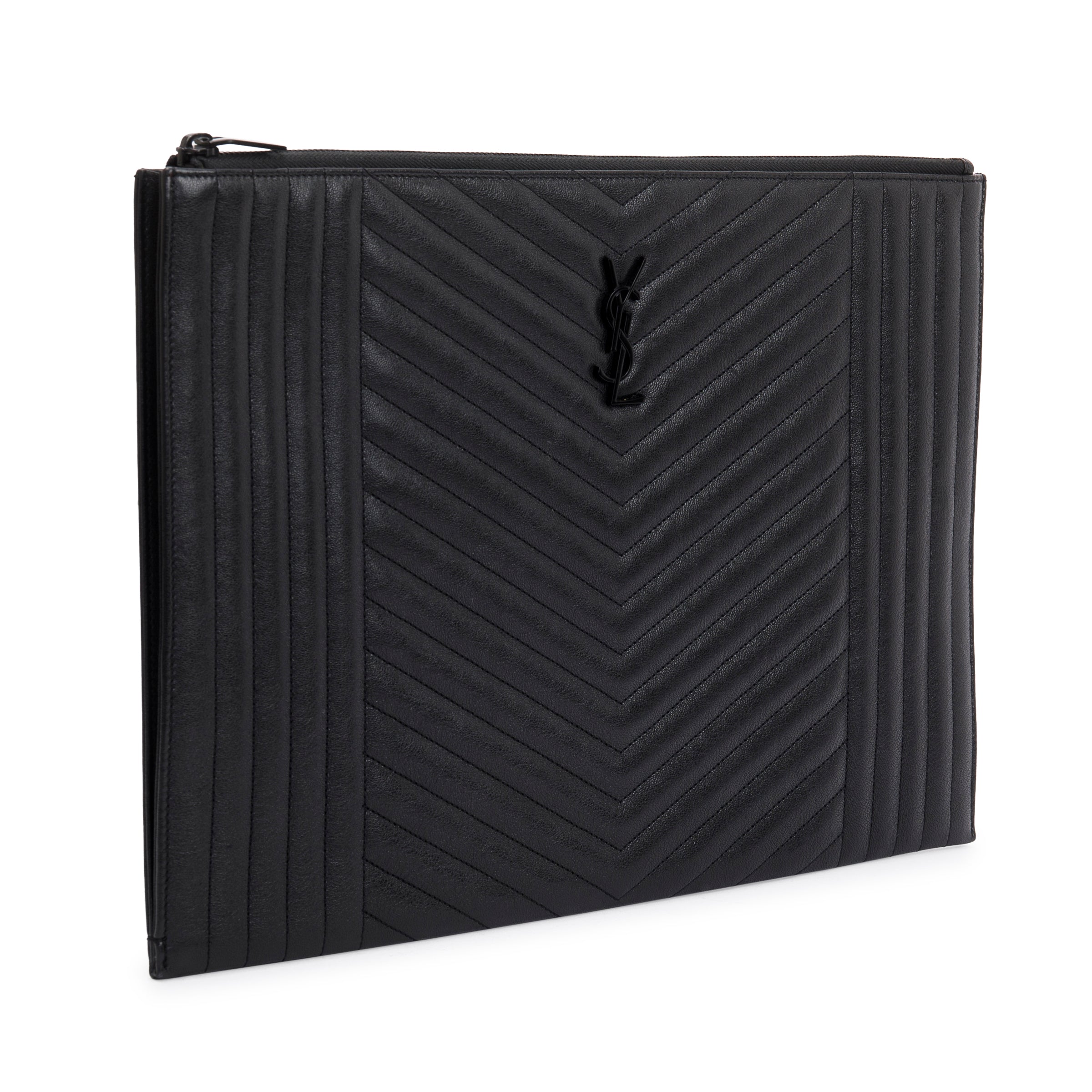 Saint Laurent Black Mixed Matelasse Classic Monogram Zipped Document Holder w/ Box