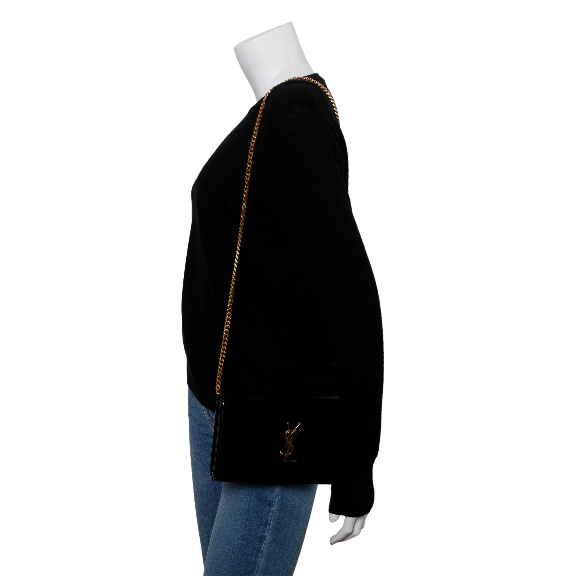 Saint Laurent Black Patent Leather Cassandre Wallet on Chain