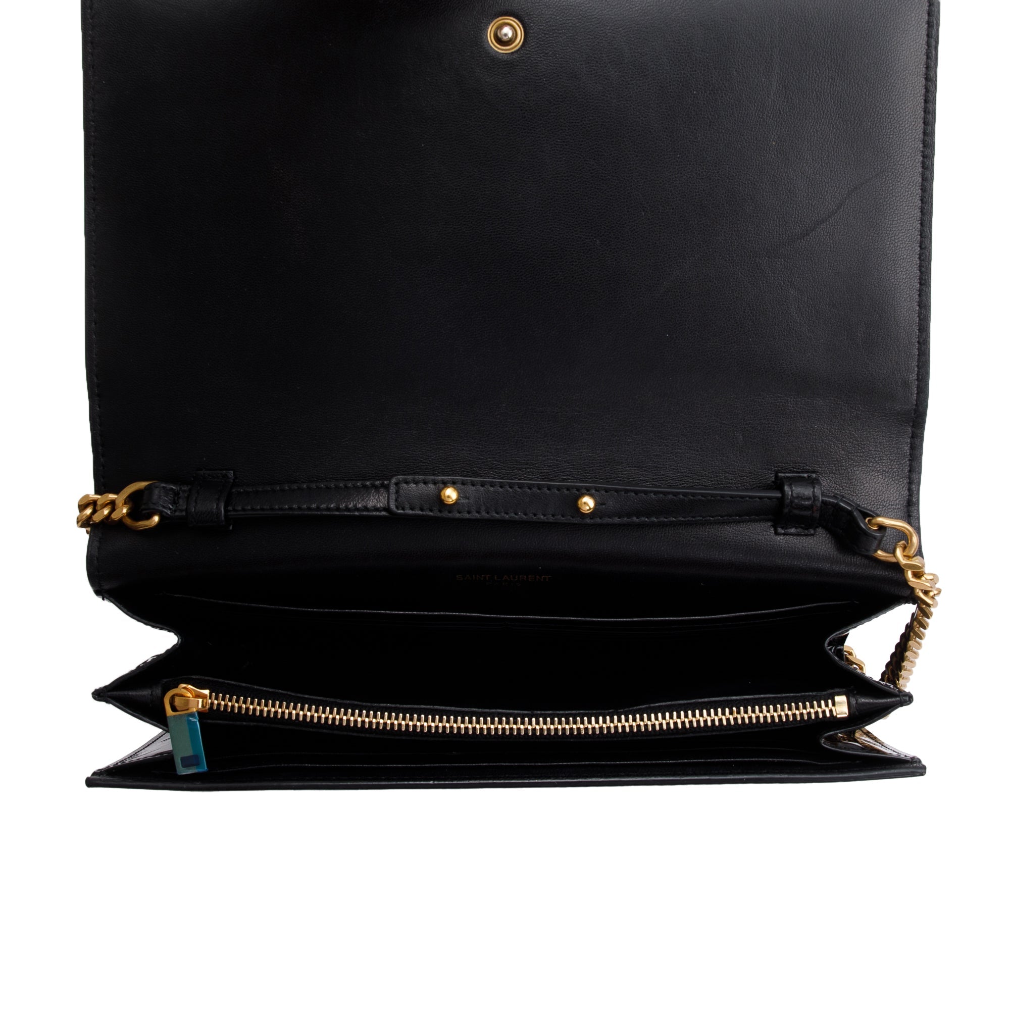 Saint Laurent Black Patent Leather Cassandre Wallet on Chain